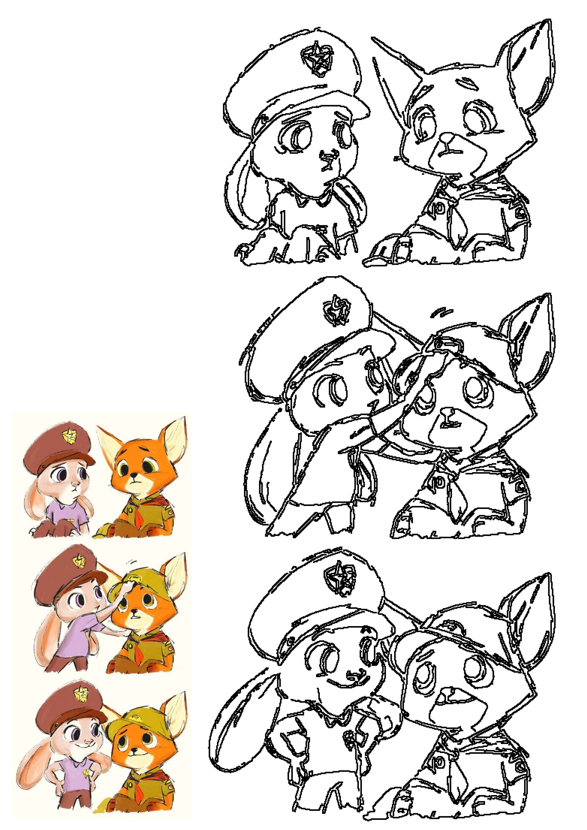 Cute cartoon bunny in police hat comforts a sad fox in a scout uniform; they both end up smiling, illustrating friendship.