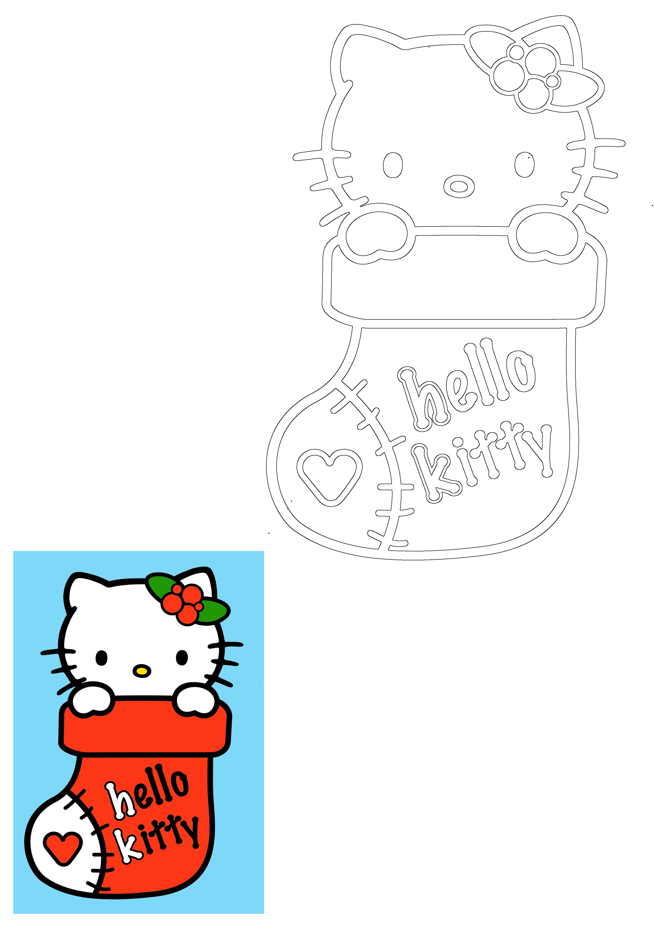 Hello Kitty peeking from a Christmas stocking, presented as a black and white outline and a vibrant colored illustration.