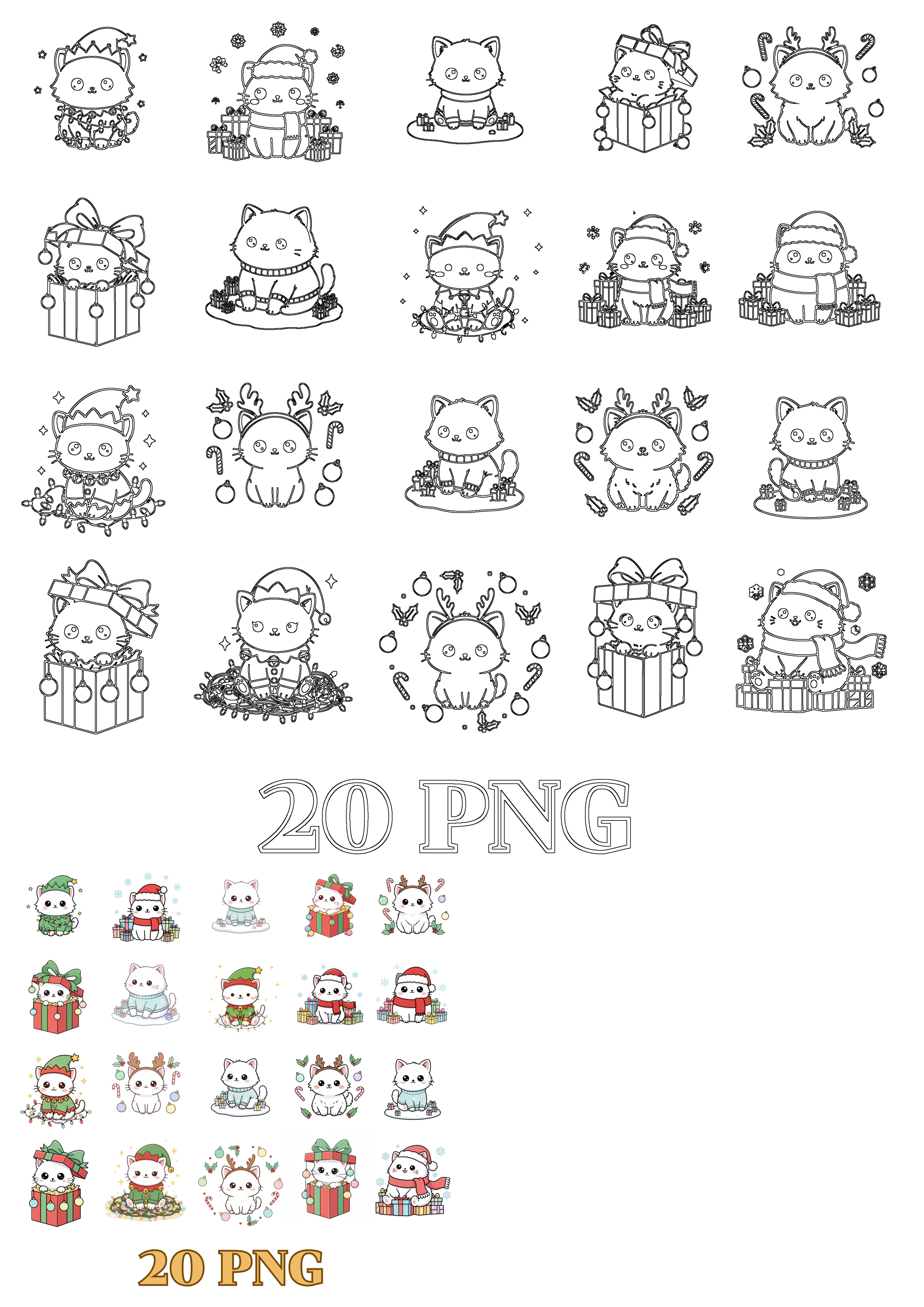 20 adorable kawaii Christmas cat clipart with various festive costumes and poses, available in both outline and colored styles.