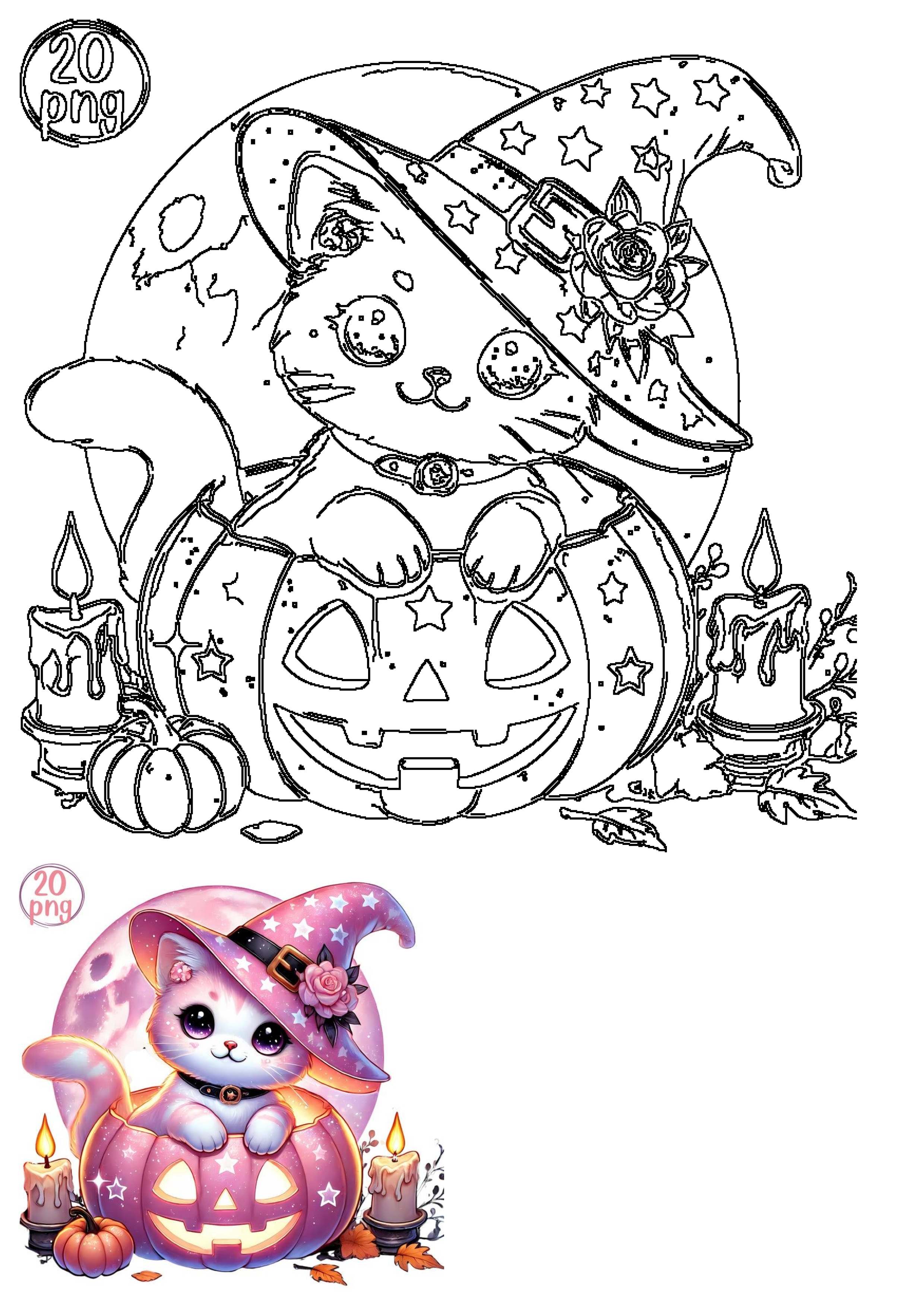 Adorable witch cat in a starry hat sits in a glowing jack-o'-lantern with candles and moon. Features both line art and colored versions.