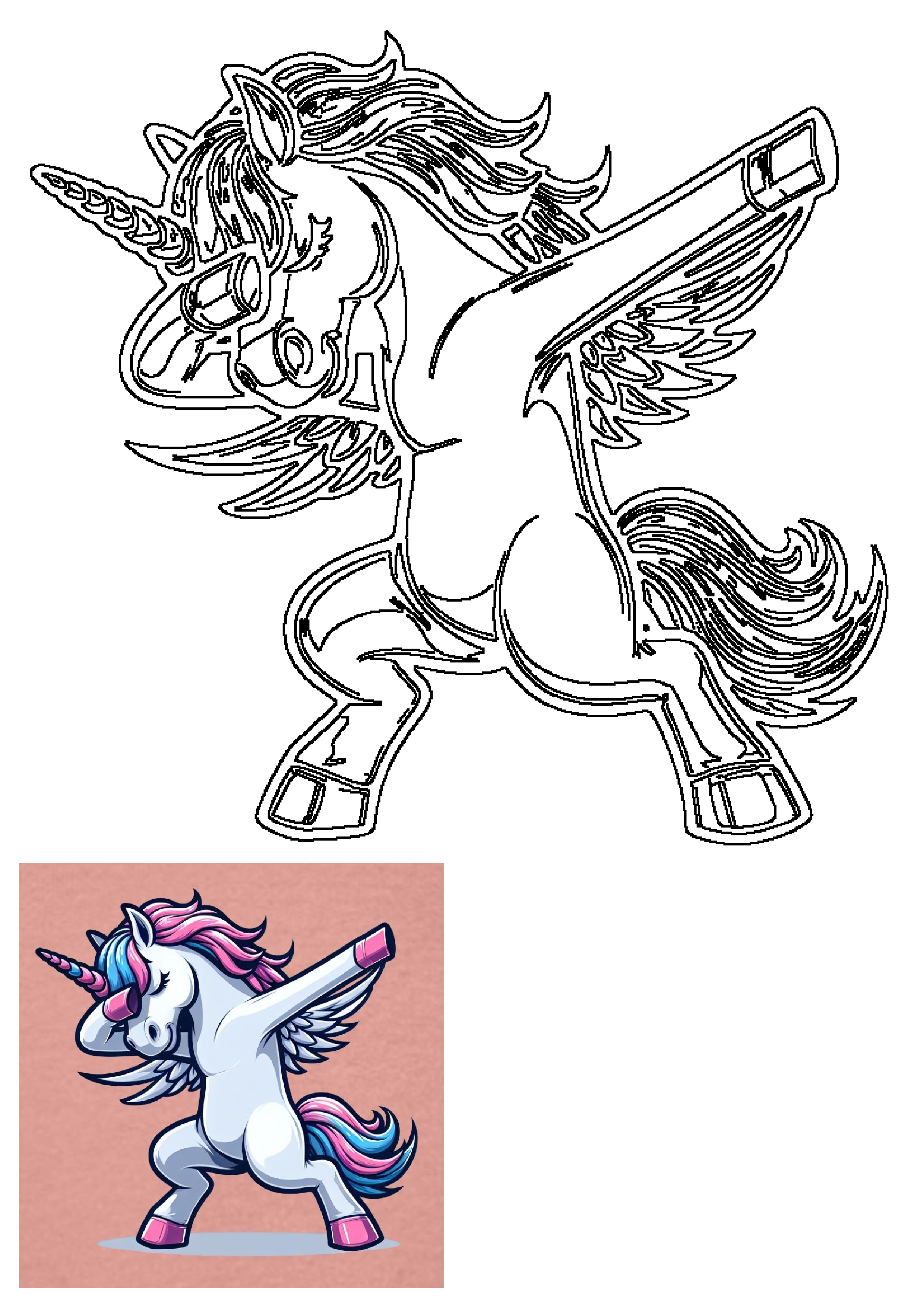 An adorable winged unicorn striking a popular dab dance pose, perfect for children's activities, magical themes, and creative projects.