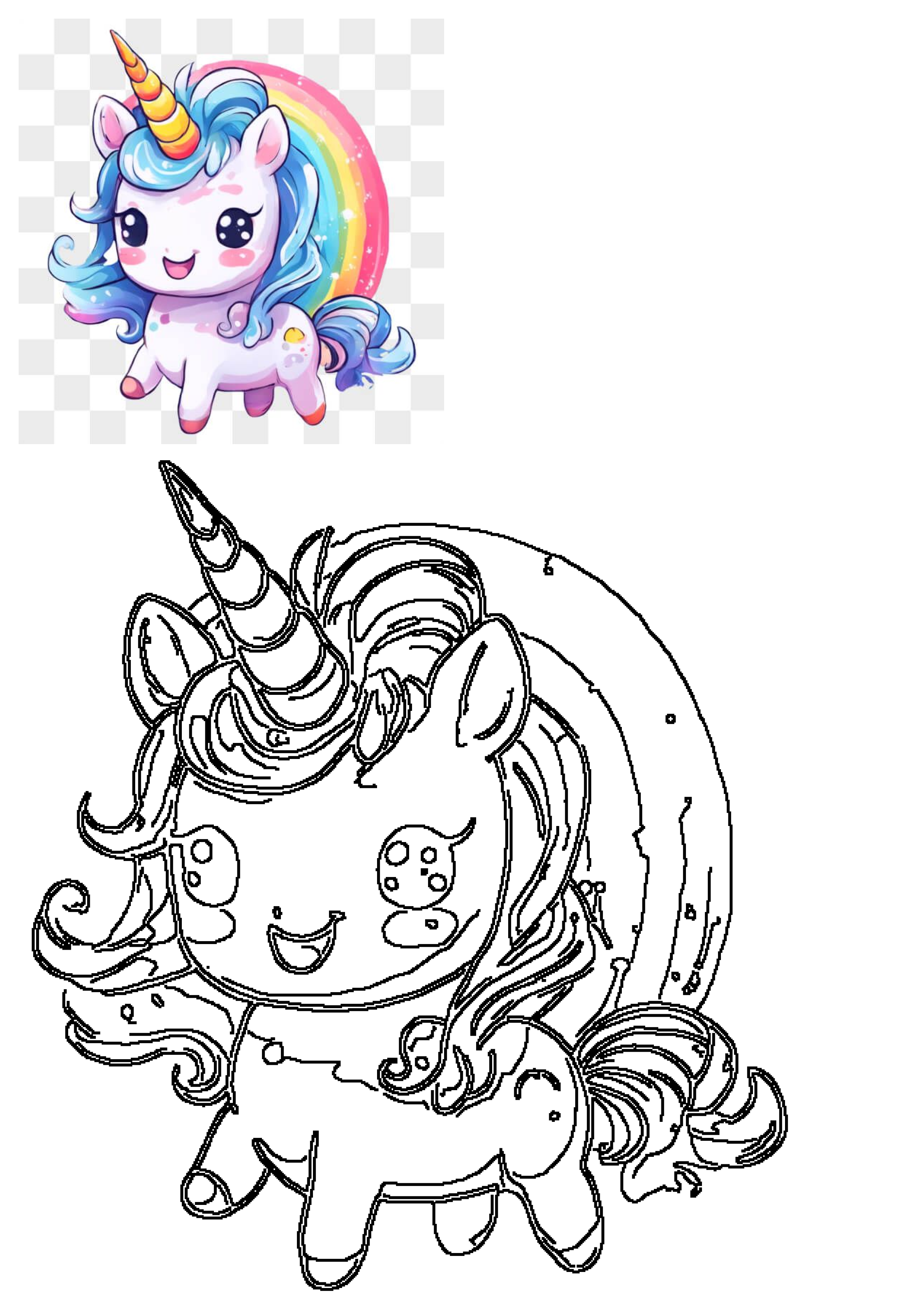 A charming chibi unicorn illustration with a rainbow mane, golden horn, and sparkly accents, alongside its detailed black outline drawing.