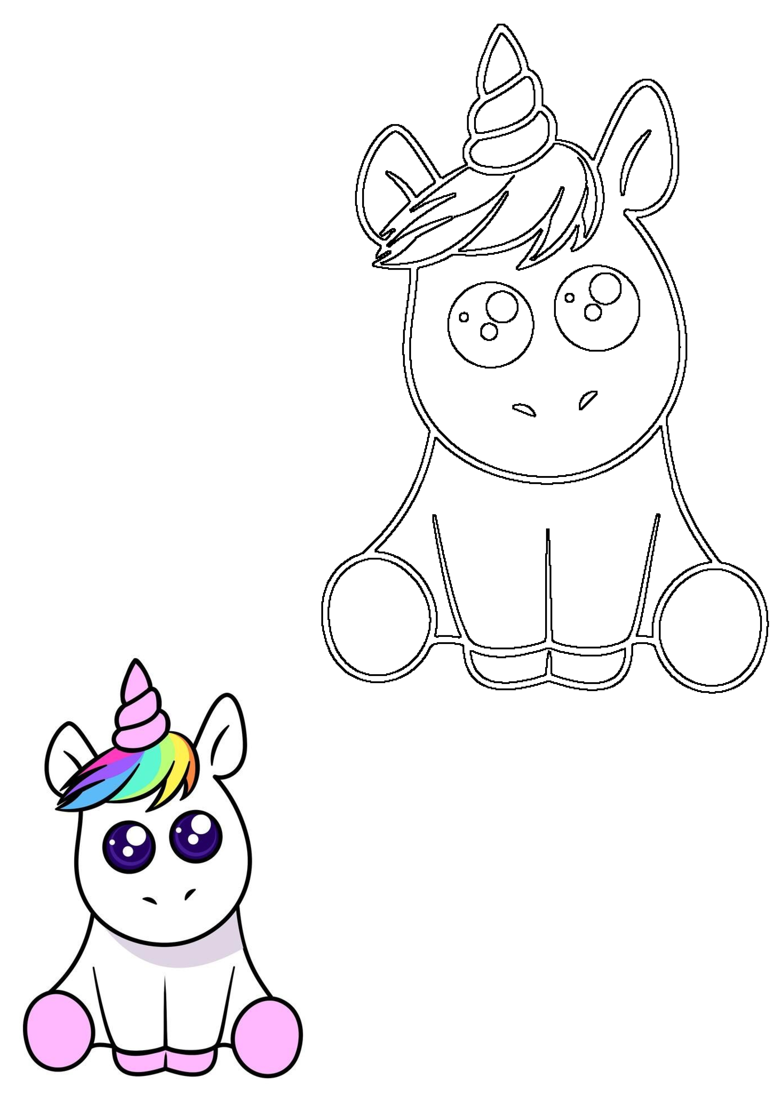 Adorable baby unicorn featuring a rainbow mane and pink horn, accompanied by its black outline design for creative fun.
