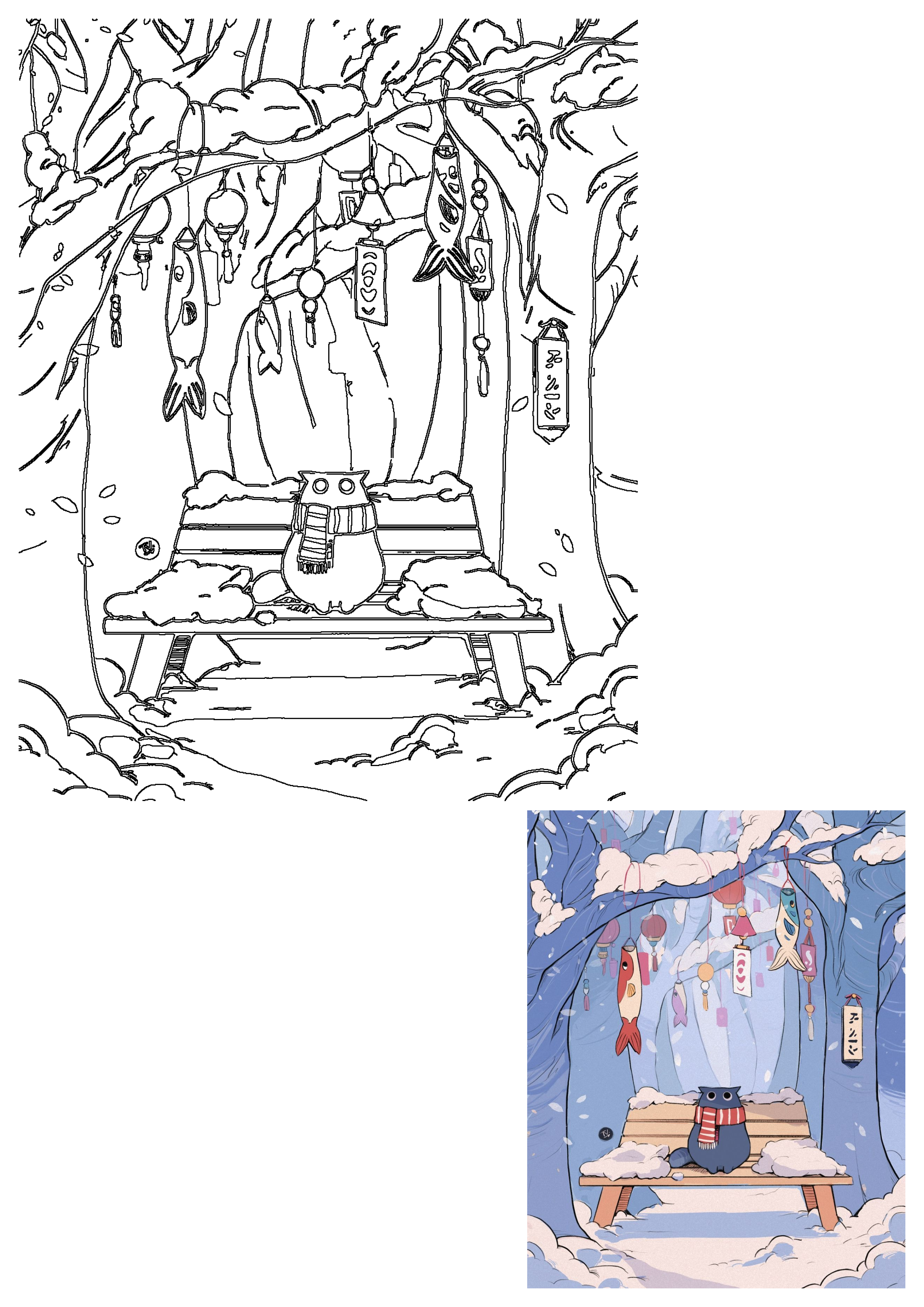 Line art of a cat wearing a scarf on a snow-covered bench, surrounded by winter trees adorned with festive lanterns and fish ornaments.