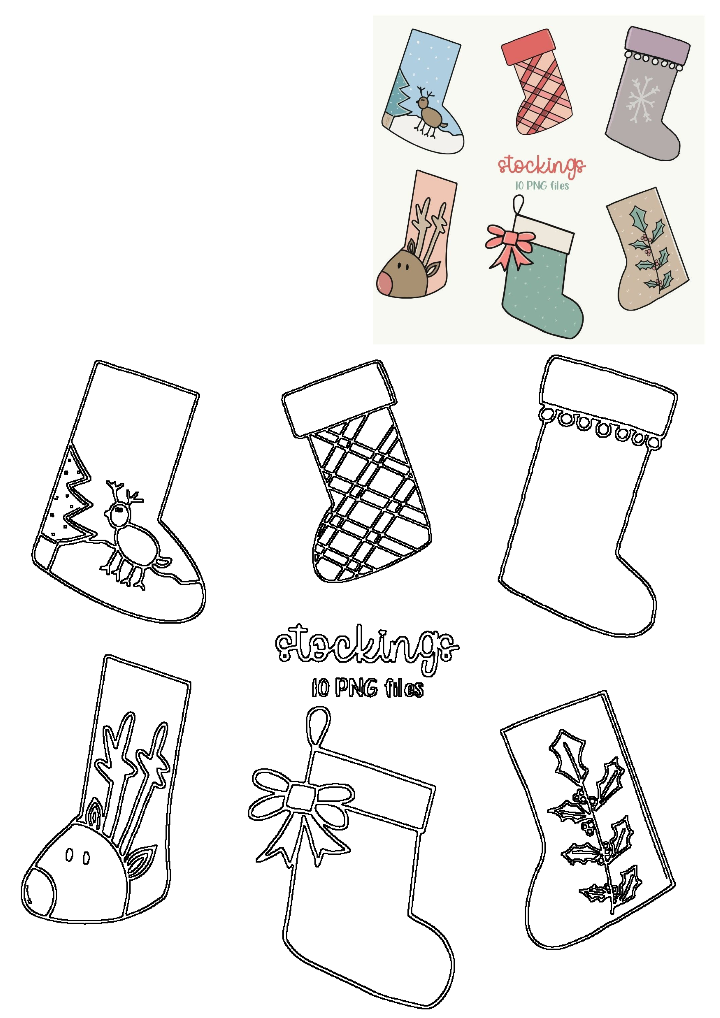 Christmas stockings PNG files with reindeer, snowflake, plaid, and holly designs, in both colored and outline versions.