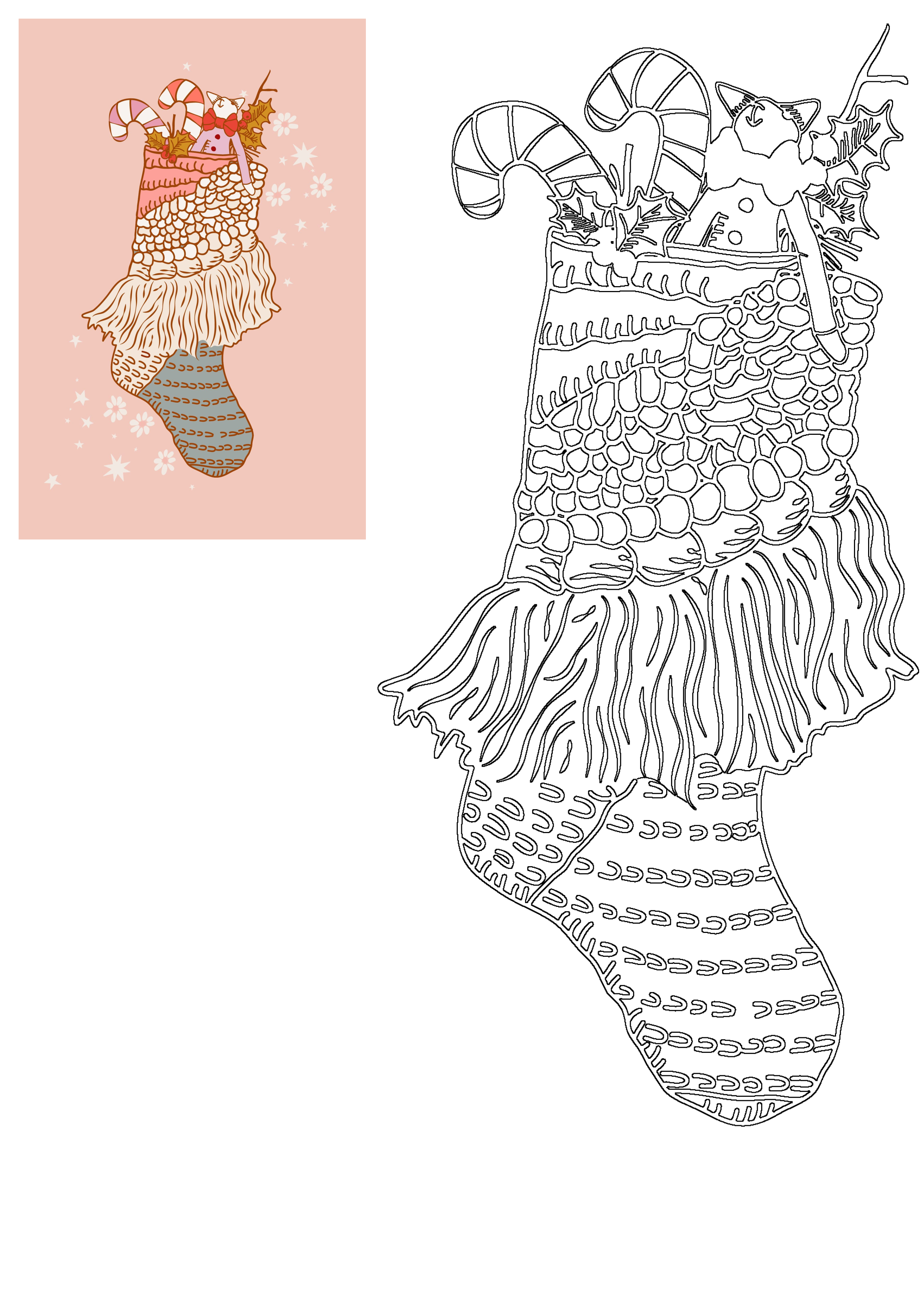 Christmas stocking filled with holiday gifts: a charming cat doll, two candy canes, and holly berries, depicted in both color and outline art.