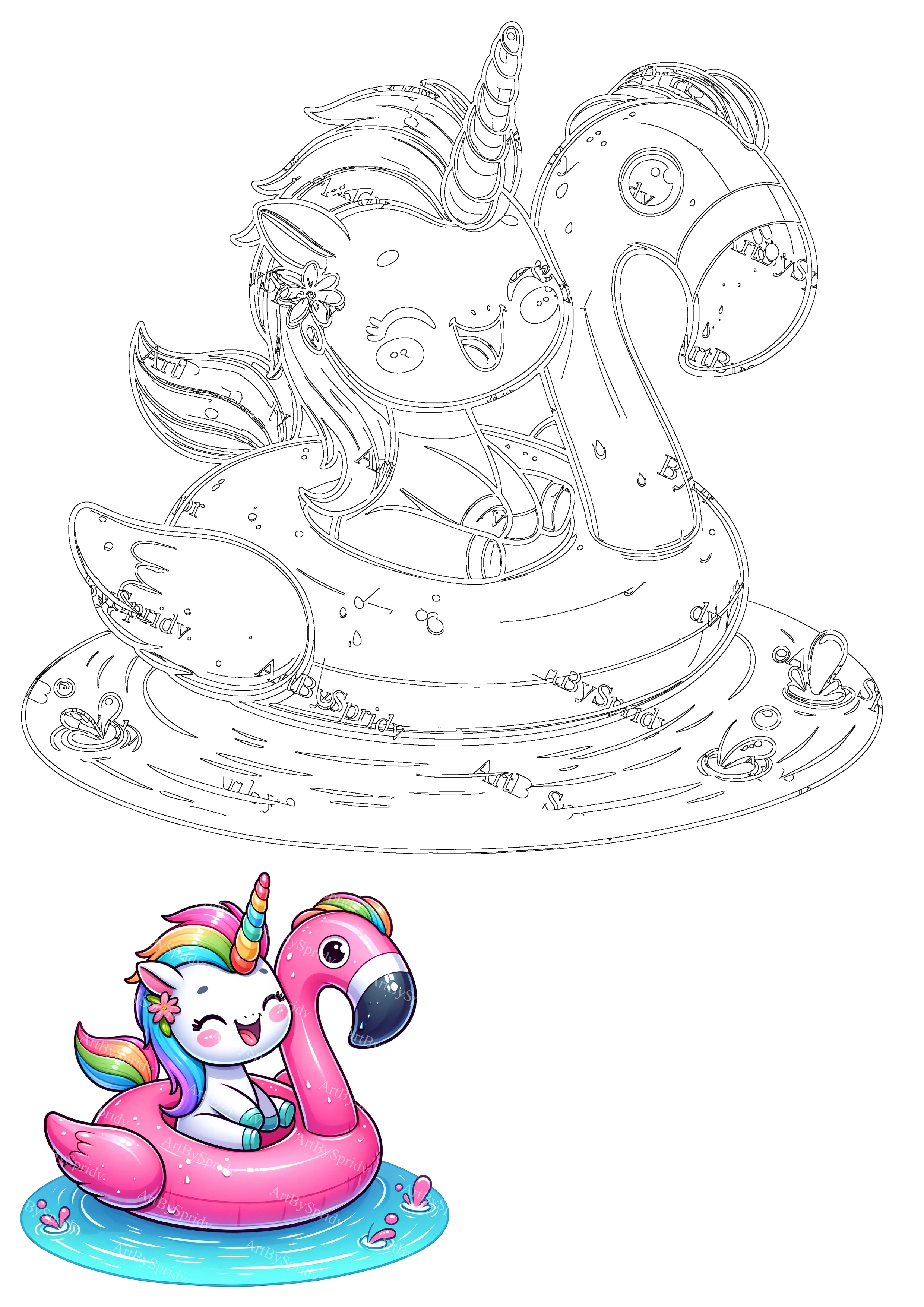 Happy cartoon unicorn with rainbow hair floats in a pink flamingo ring, enjoying a sunny summer day, splashing water playfully.