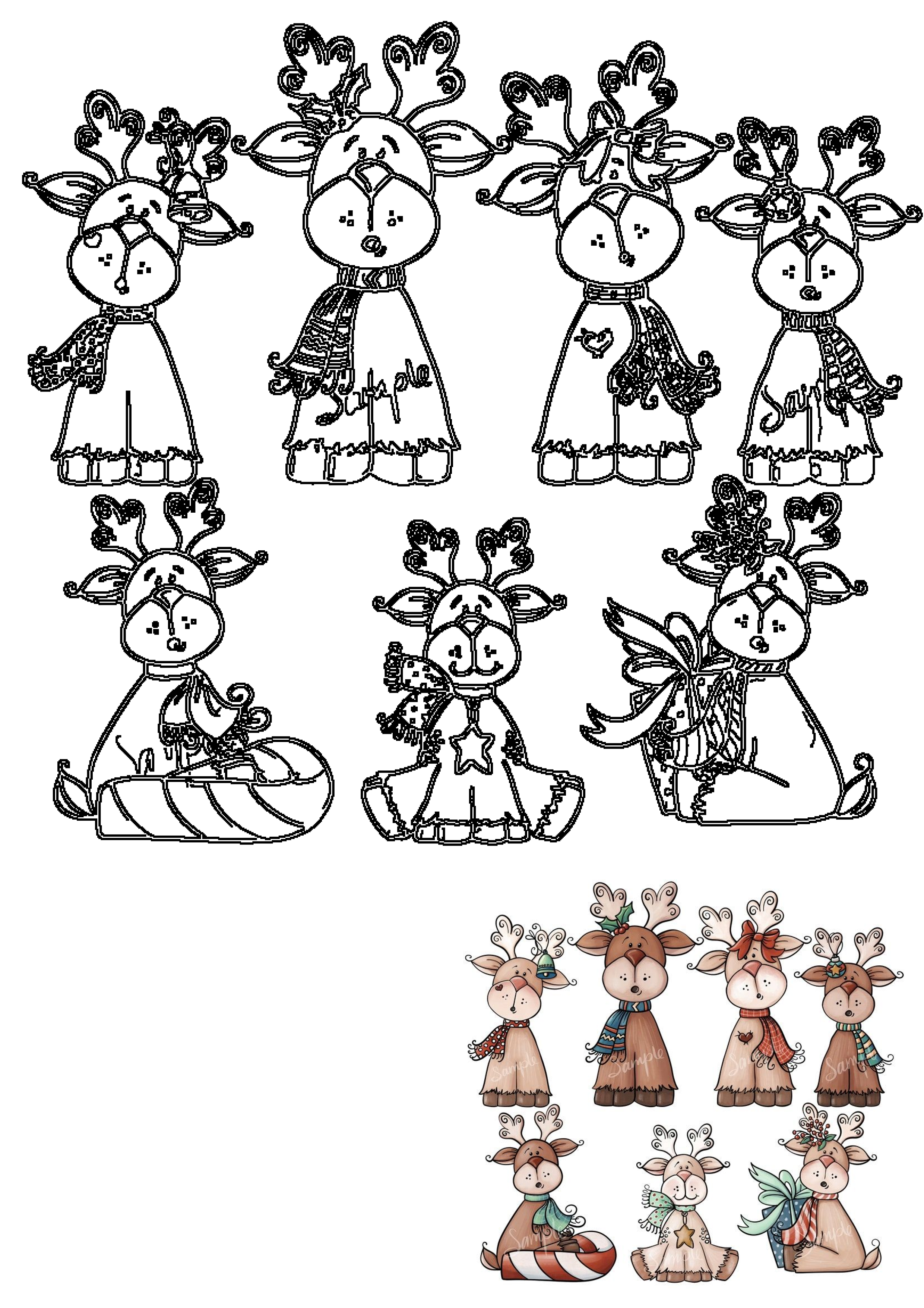 Adorable Christmas reindeer illustrations, featuring festive outlines and colored clip art with scarves, gifts, and holiday cheer.
