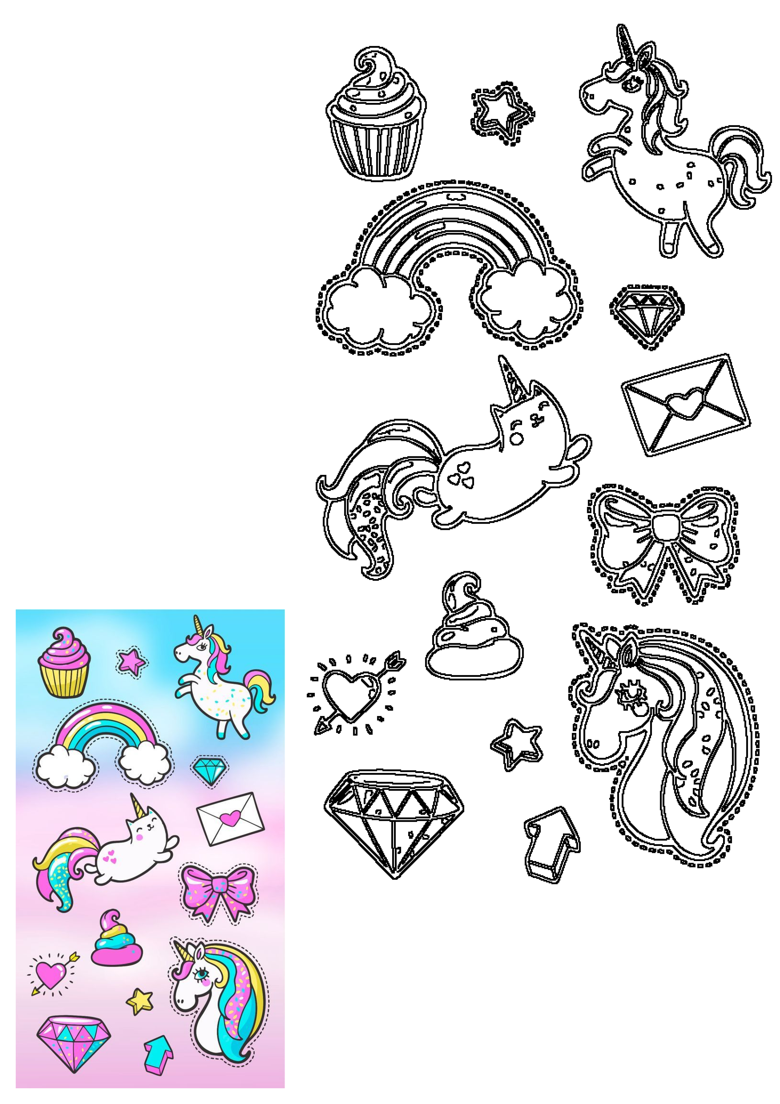 A vibrant set of kawaii unicorn, rainbow, cupcake, and diamond patches and stickers, presented with their black outlines for DIY crafts.