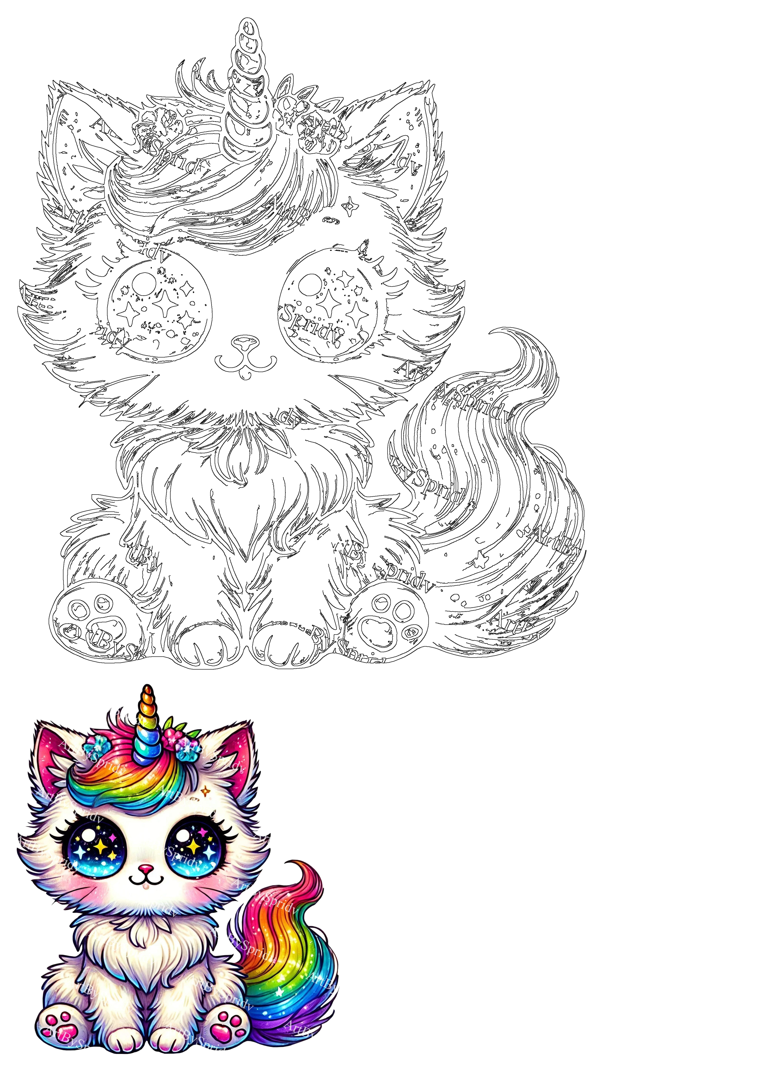 A cute fluffy white caticorn with a rainbow horn, sparkling blue eyes, and a rainbow tail, shown in both outline and colored versions.