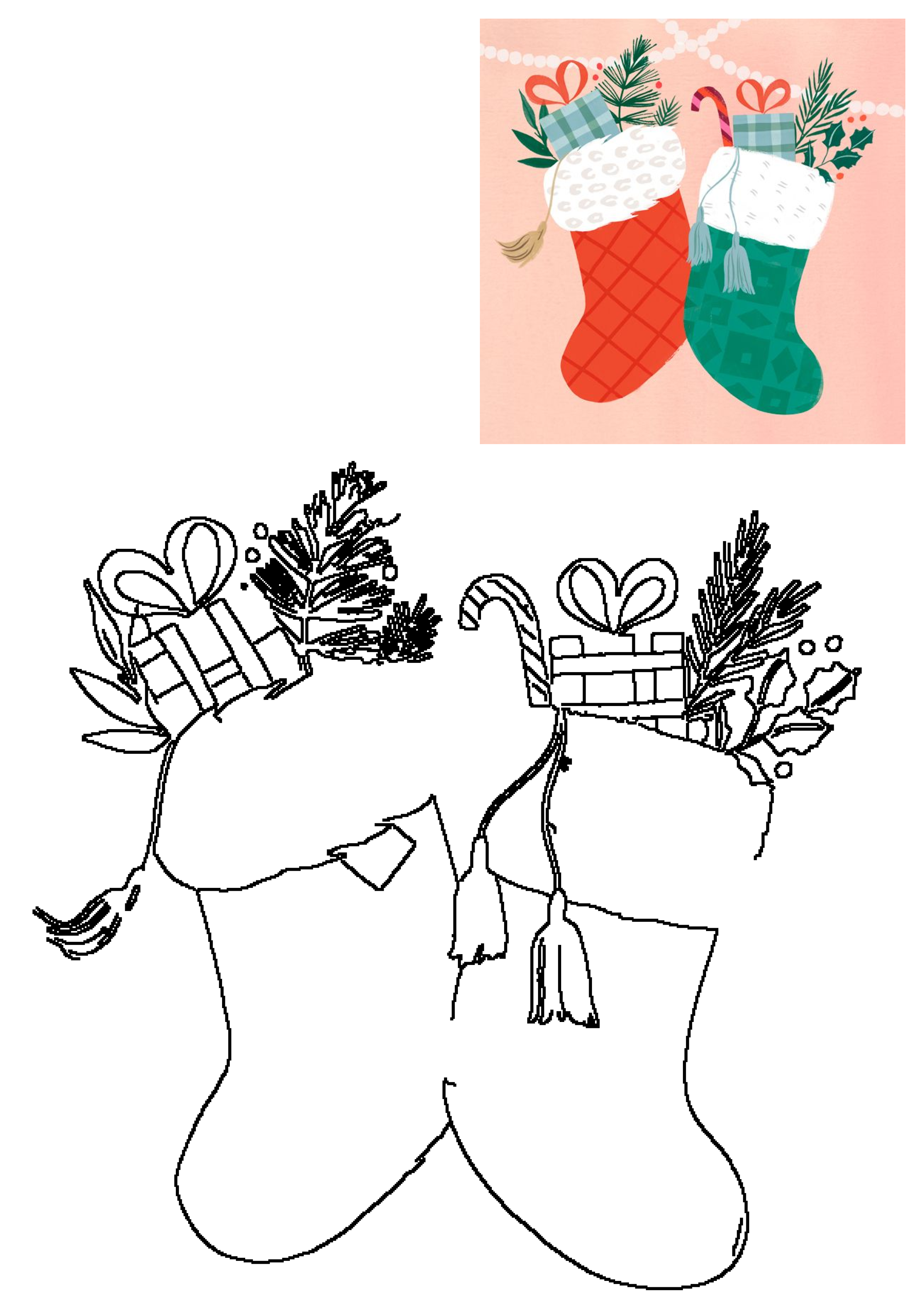 Two decorative Christmas stockings packed with presents, pine, and holly, depicted with a black and white outline for coloring.