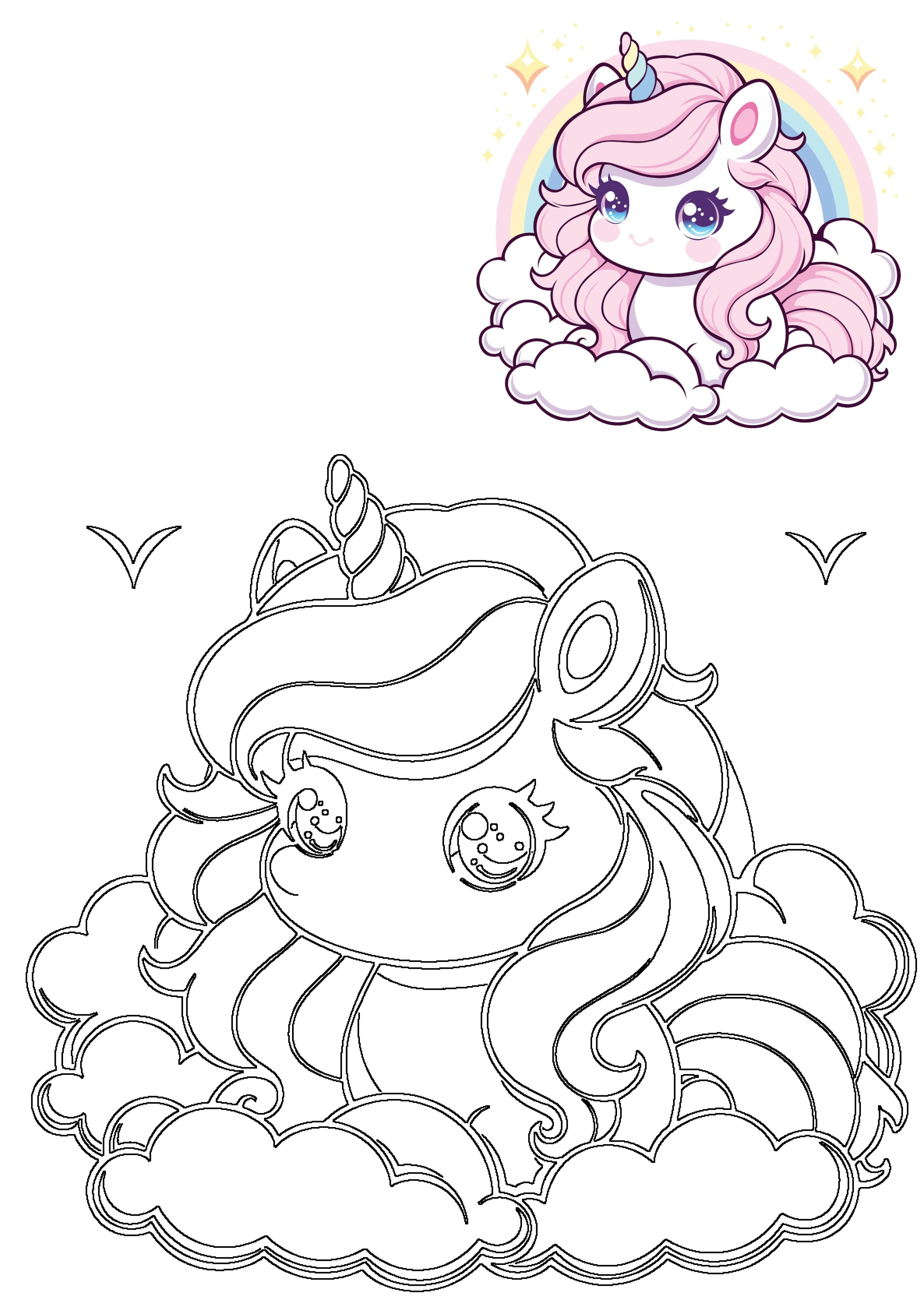 Adorable pink unicorn with rainbow horn and sparkling eyes on fluffy clouds. Features a vibrant image and an outline for creative activities.