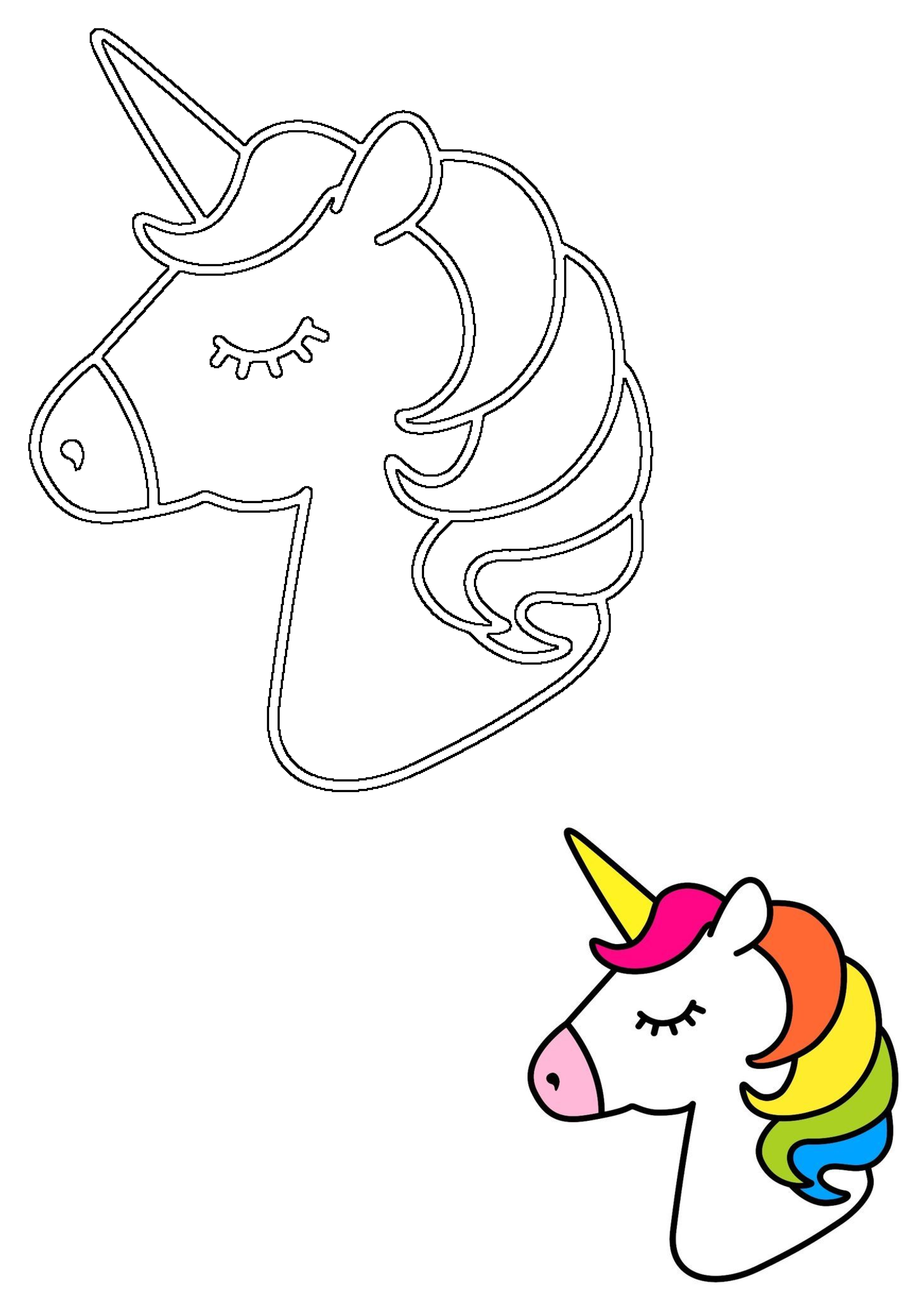 A cute unicorn head illustration featuring a yellow horn, pink snout, and a colorful rainbow mane, presented as both an outline and a finished design.