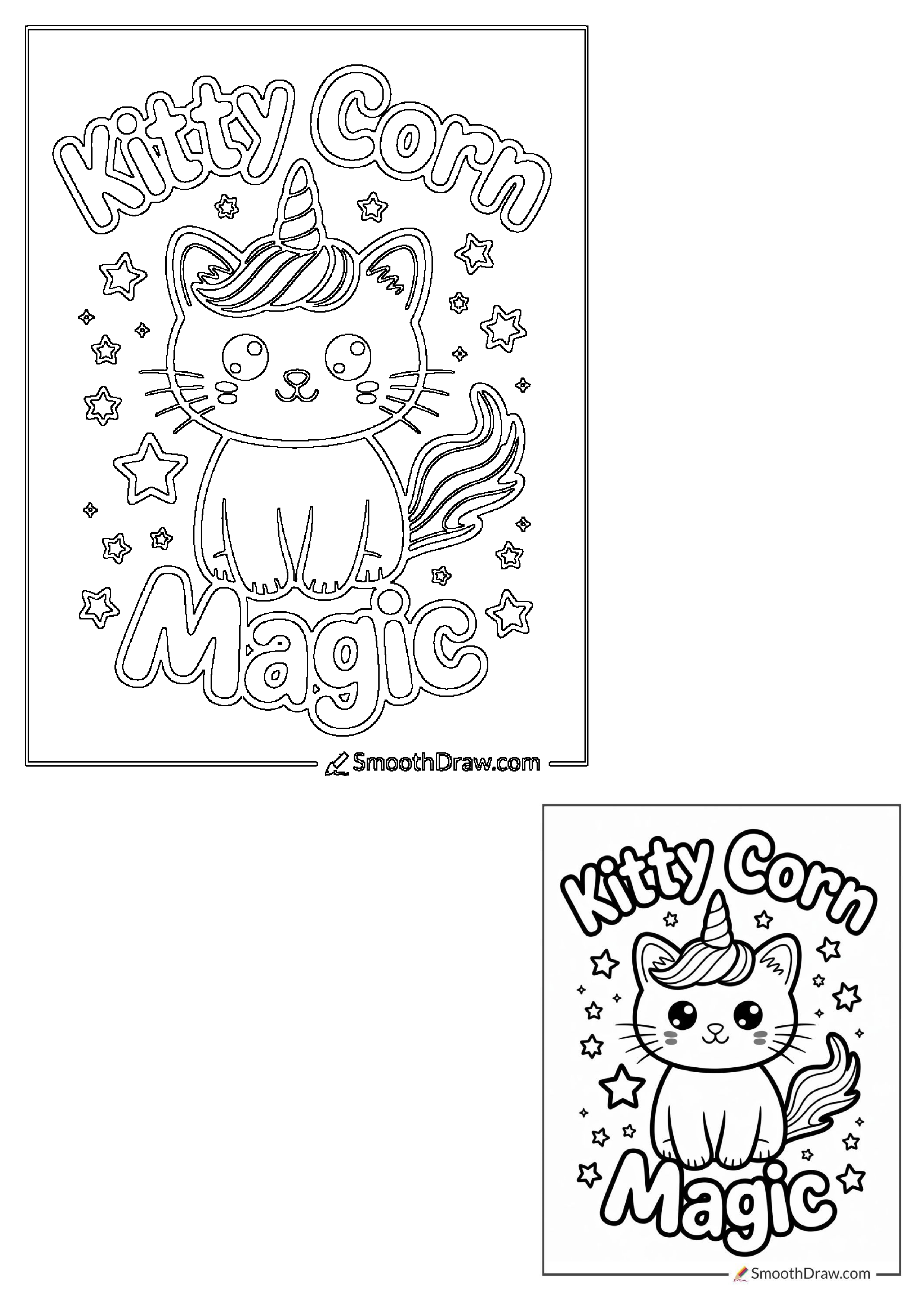 A cute Kitty Corn unicorn cat with a magic theme and sparkling stars, presented as an enchanting outline drawing.