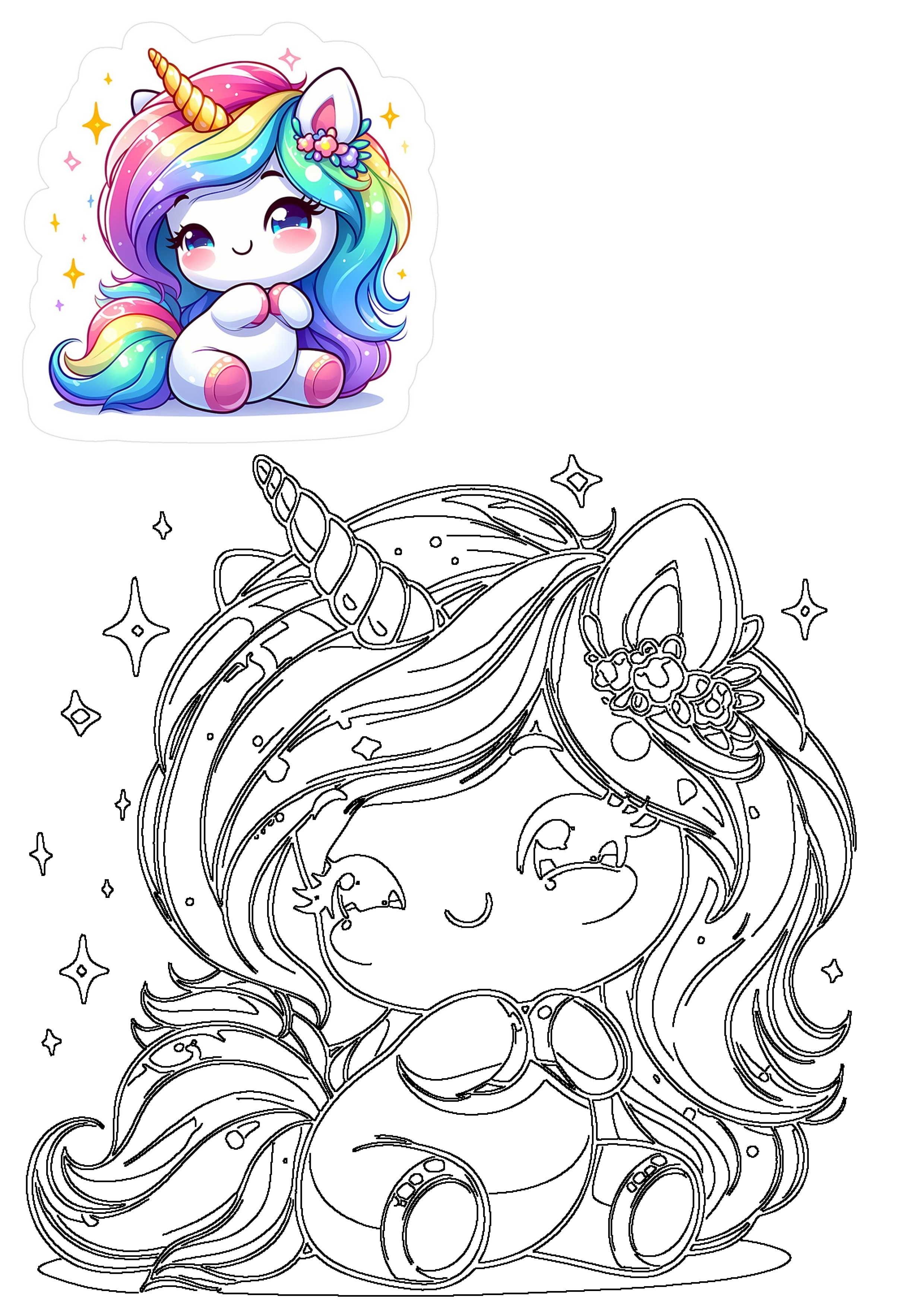 Charming chibi unicorn with rainbow mane, golden horn, and flowers, surrounded by sparkles, alongside a black and white outline for kids to color.