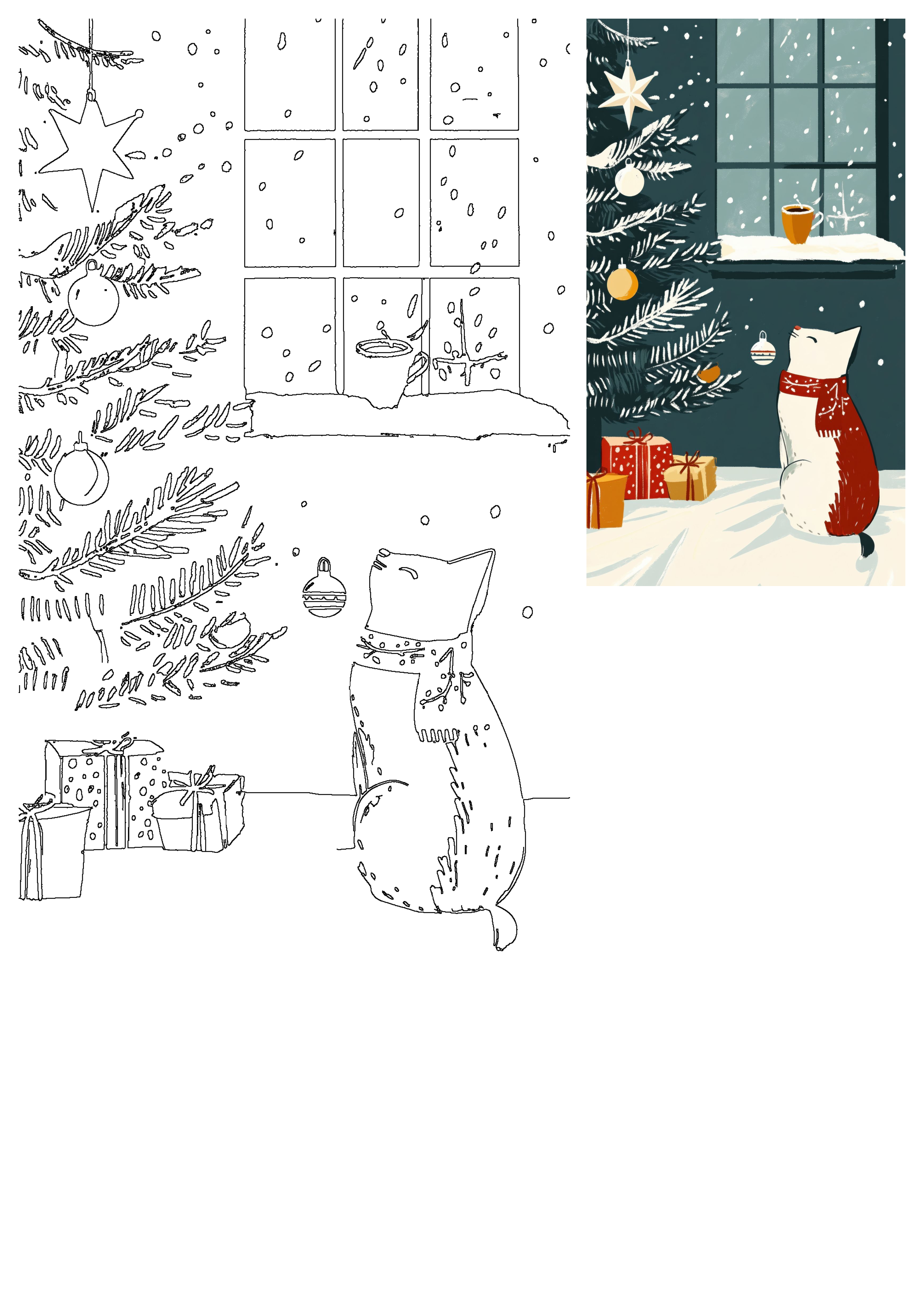 A cozy winter scene with a cat by a decorated Christmas tree, gifts, and a snowy window with a hot mug. Great for holiday art.