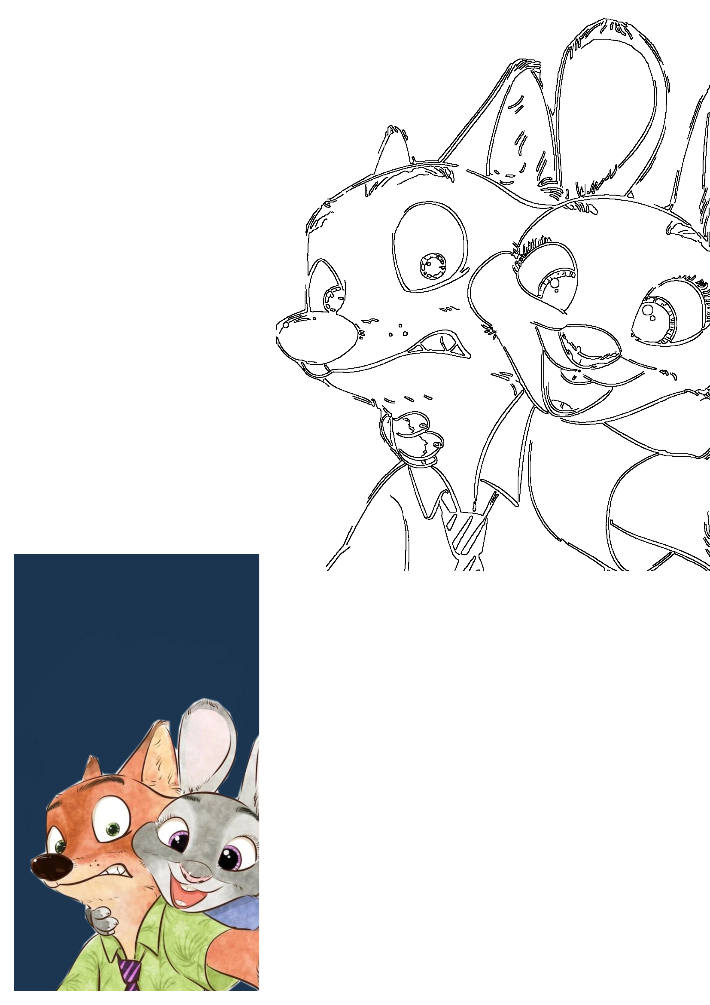 Zootopia's Nick Wilde, looking surprised, is hugged by a smiling Judy Hopps. Image features both a vibrant colored version and a black outline drawing.