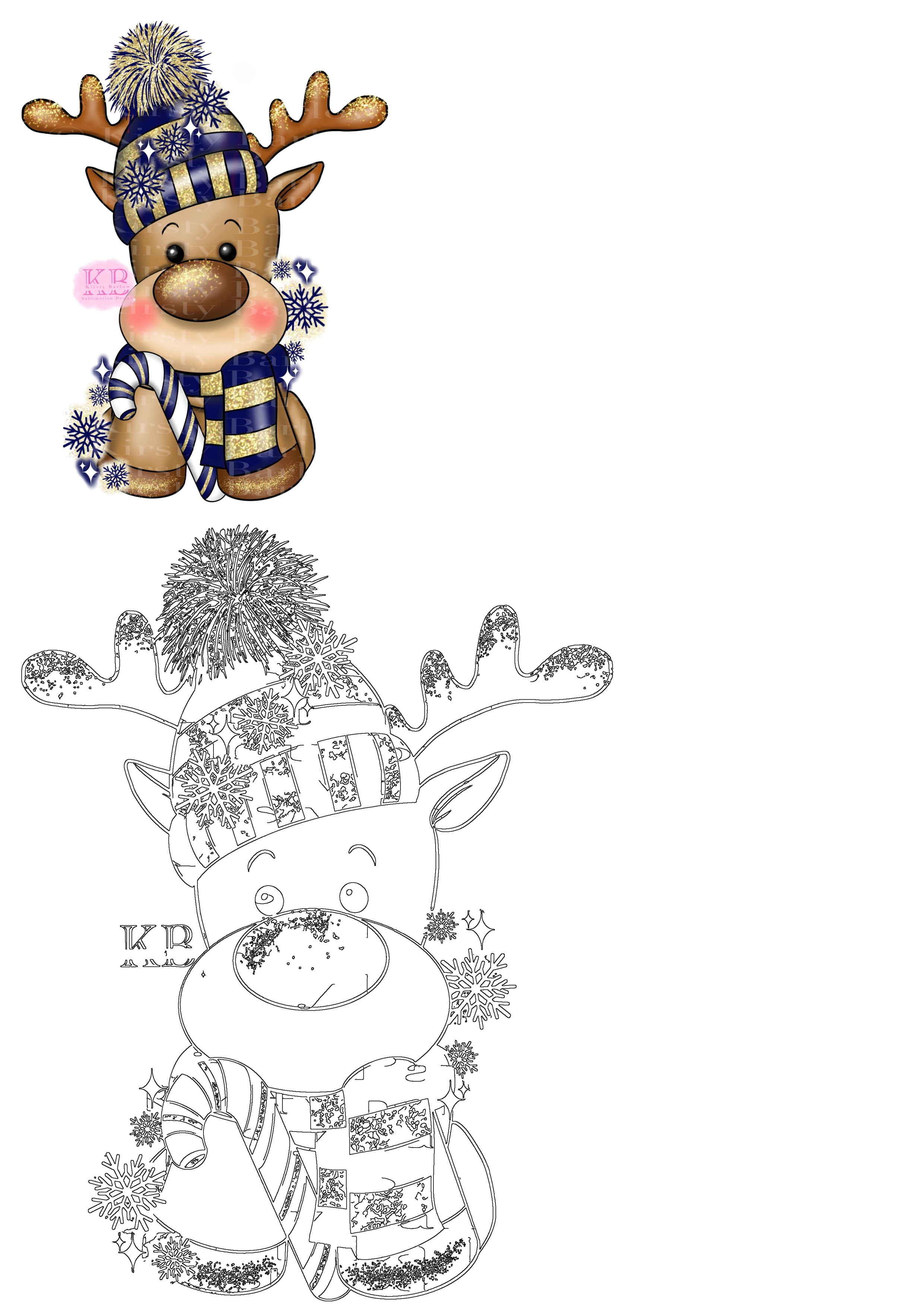 Cute reindeer in blue and gold winter hat, scarf, and sparkly snowflakes. Includes an outline version for easy coloring or craft.