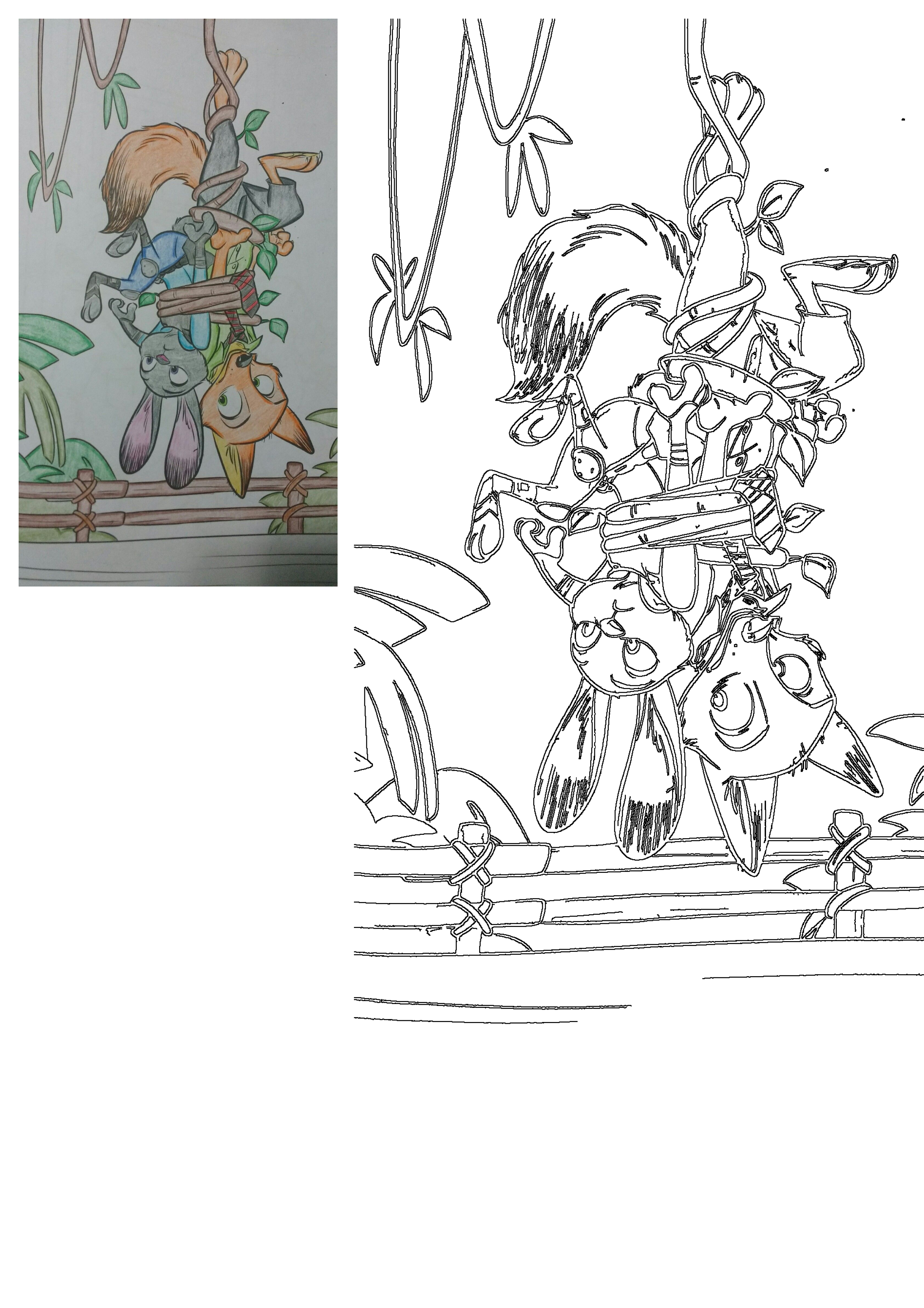 Zootopia characters Nick Wilde, Judy Hopps, and another friend hanging upside down from jungle vines; a vibrant colored drawing and outline.