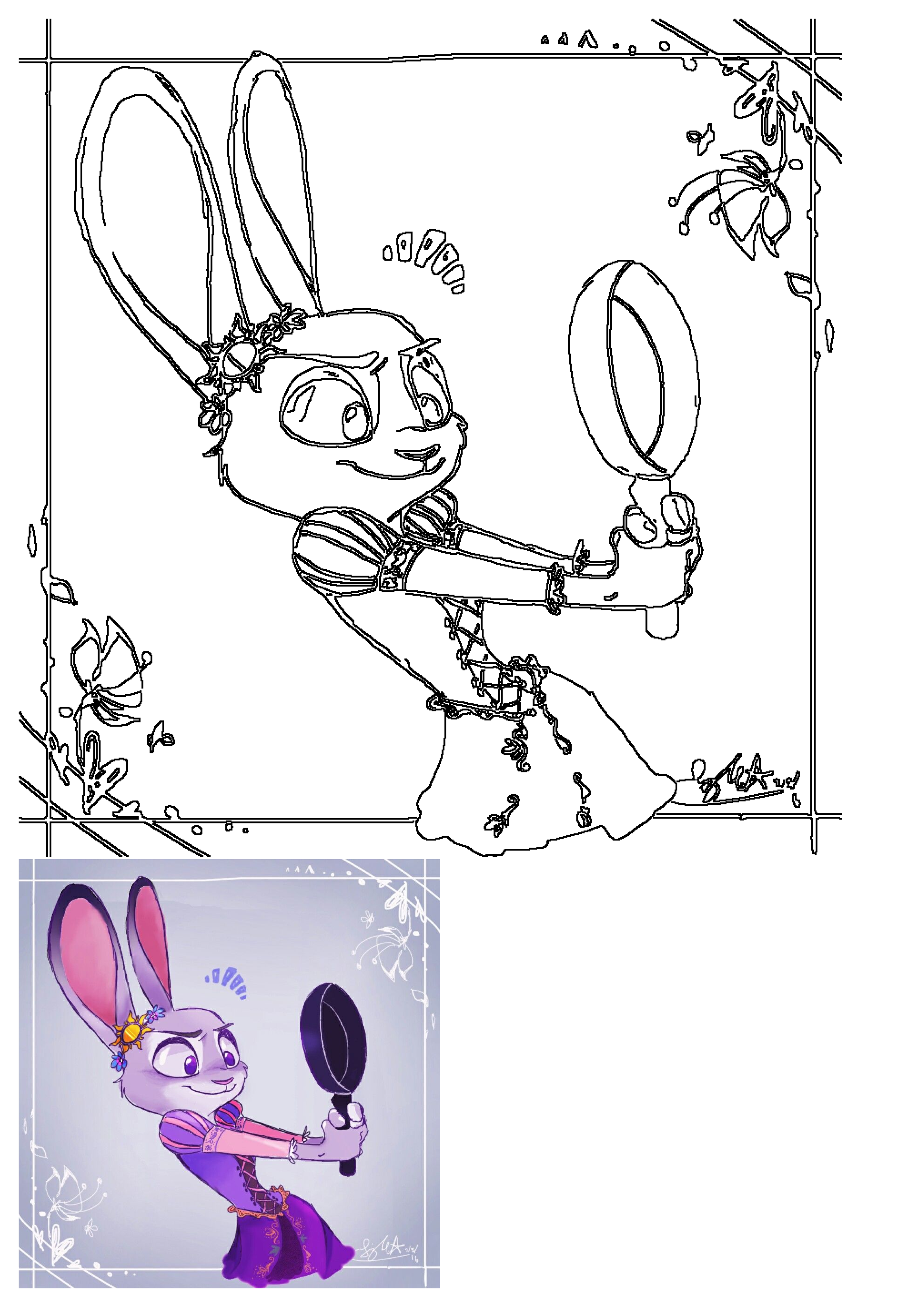 Outline drawing of Judy Hopps from Zootopia dressed as Rapunzel from Tangled, holding a frying pan and wearing a flower crown.
