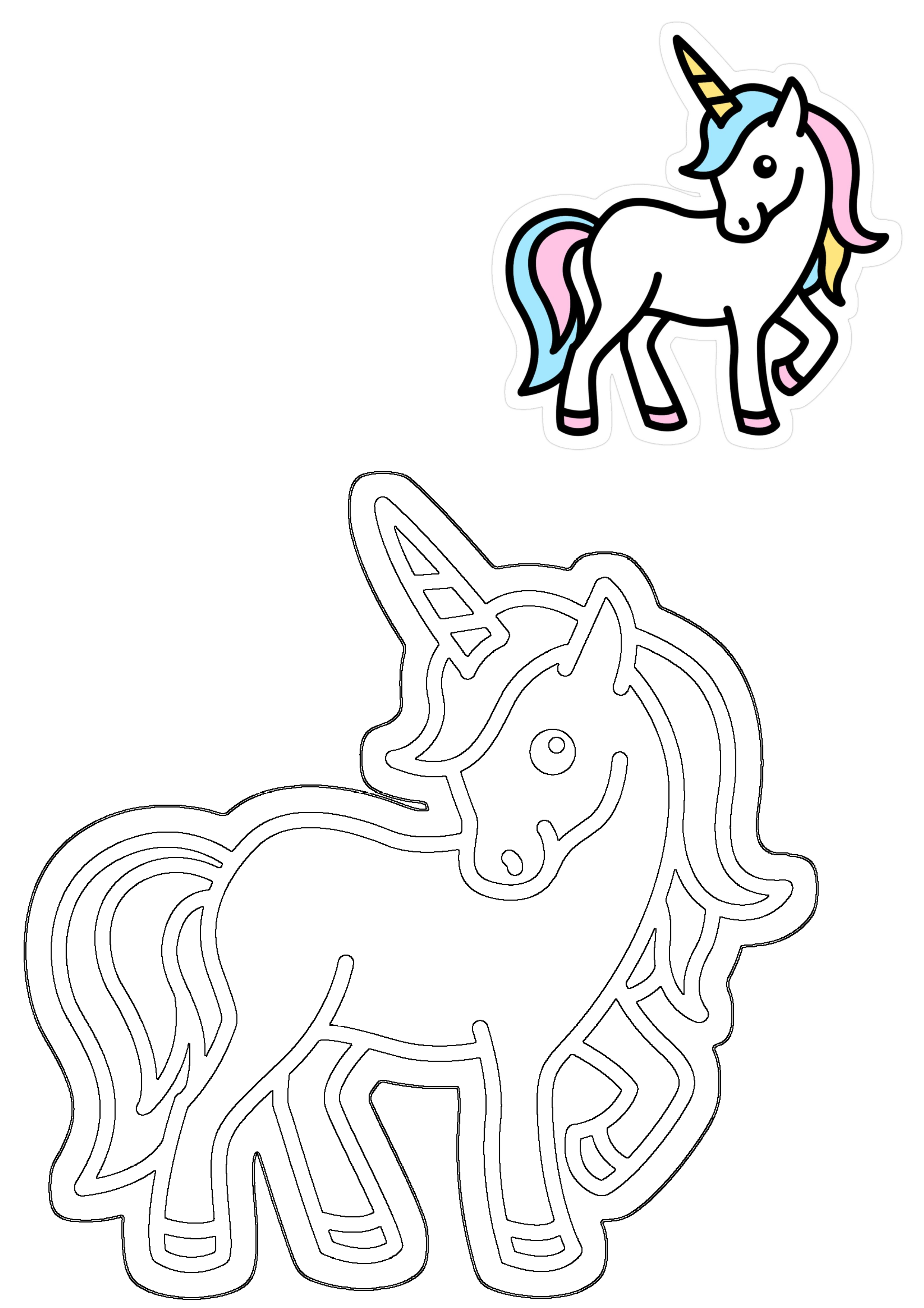 A cute white unicorn cartoon with a yellow horn, blue mane, and pink tail, shown with its matching black outline template.