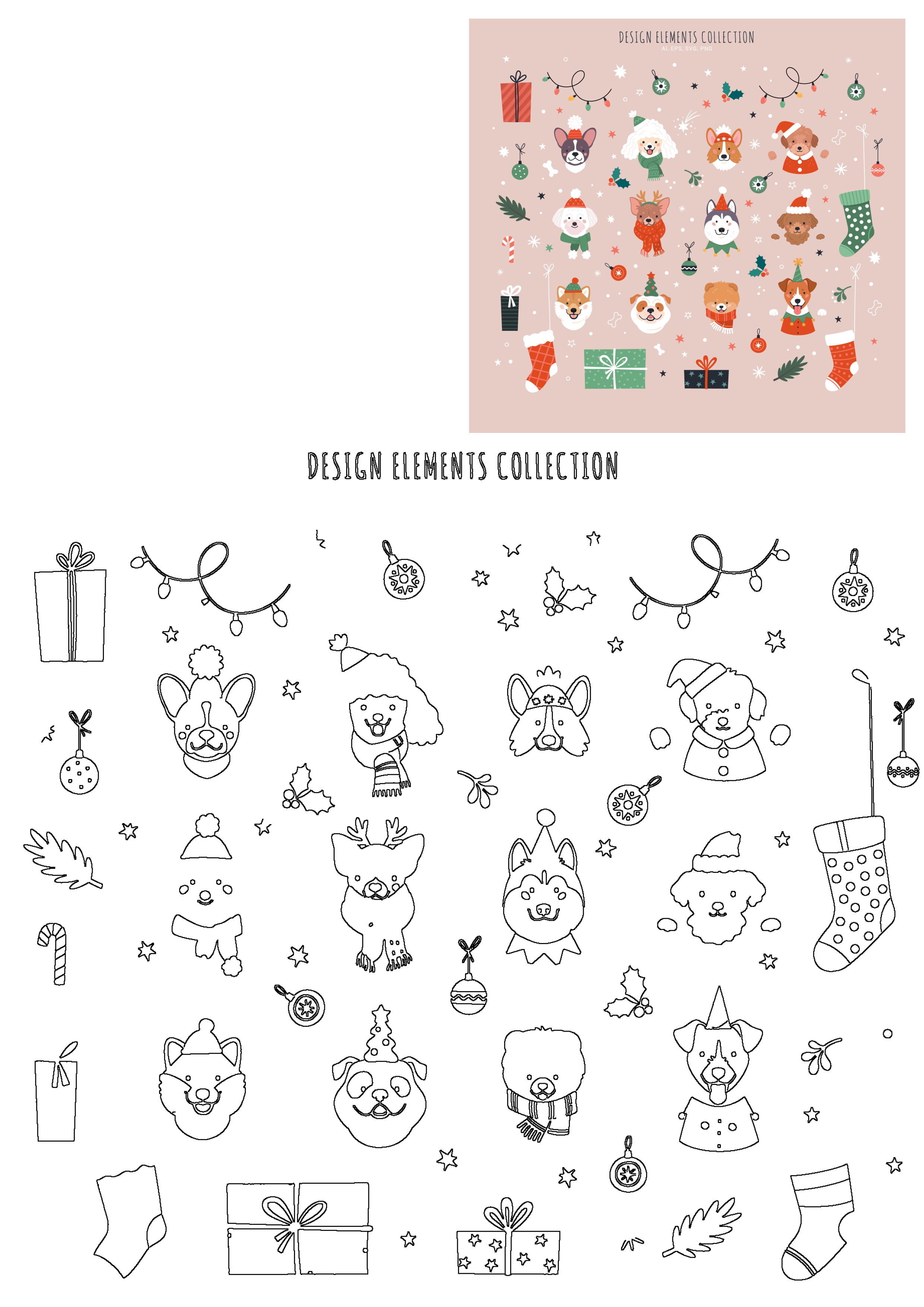 A vibrant collection of cute cartoon Christmas dogs and festive holiday elements: gifts, stockings, lights. Includes outline versions.
