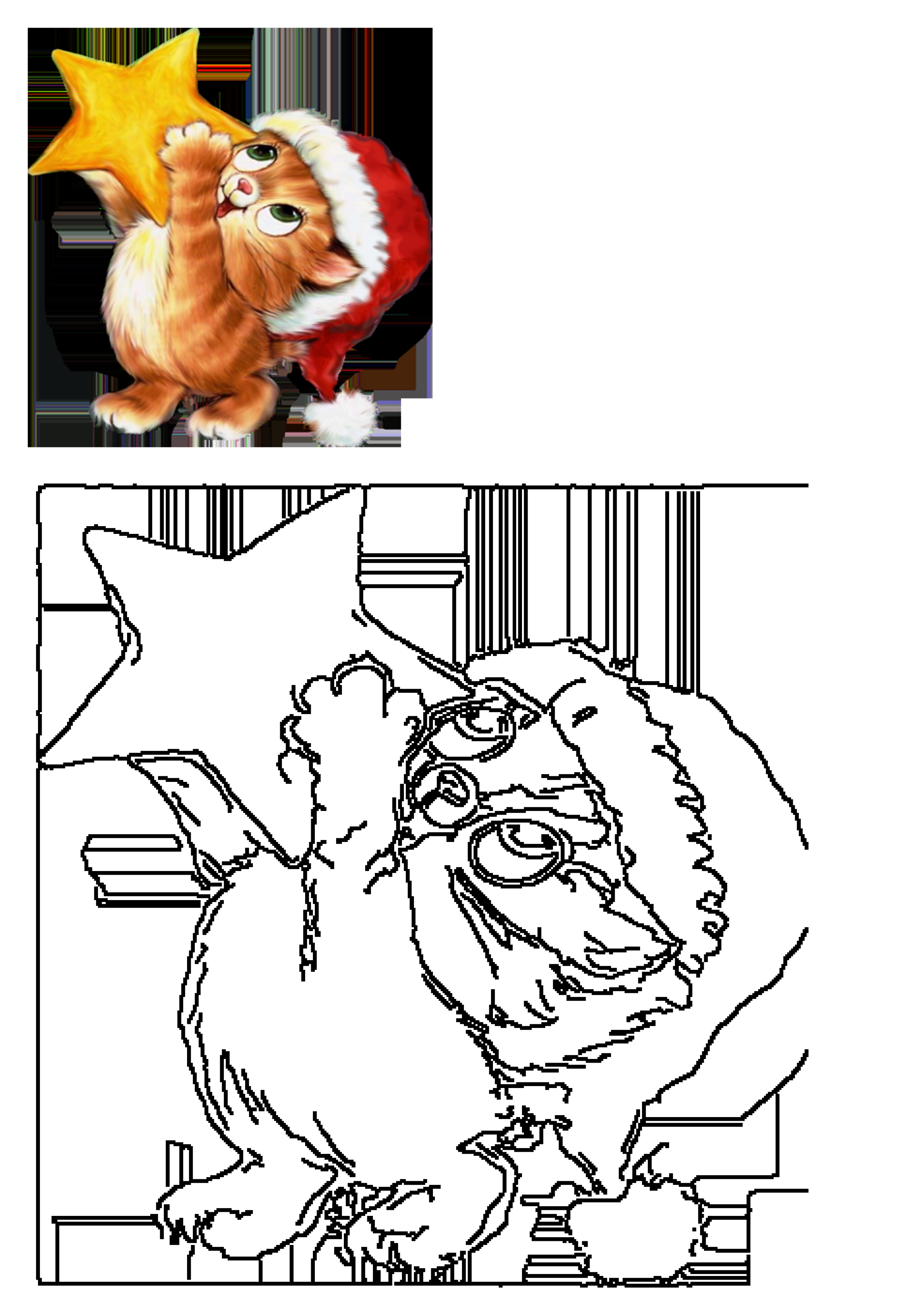 An adorable ginger cat wearing a Santa hat playfully reaches for a golden star, featured as a colorful illustration and a clean line drawing.