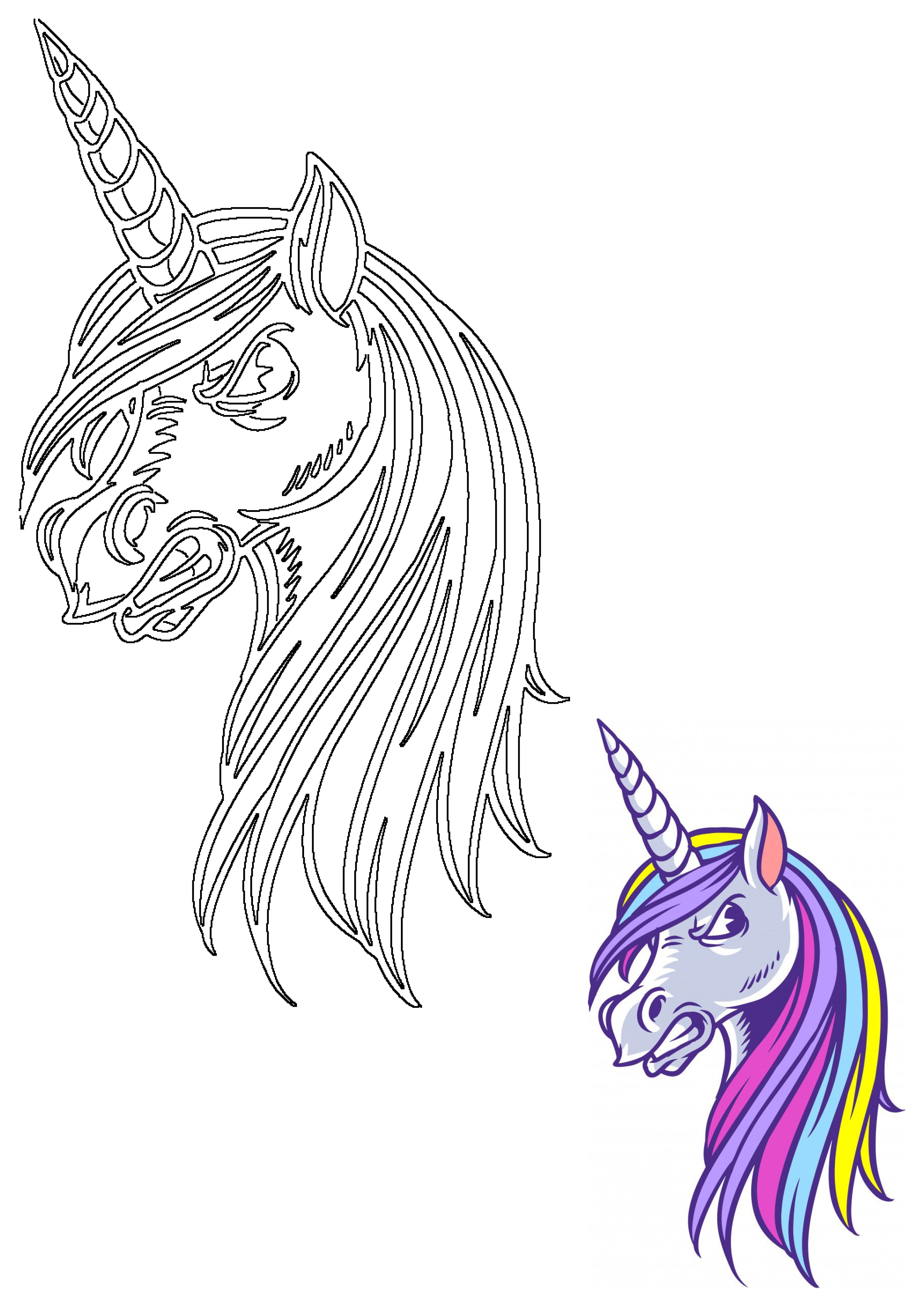 A fierce unicorn head illustration, featuring a black outline alongside a vibrant colorful version with a multi-colored mane and horn.
