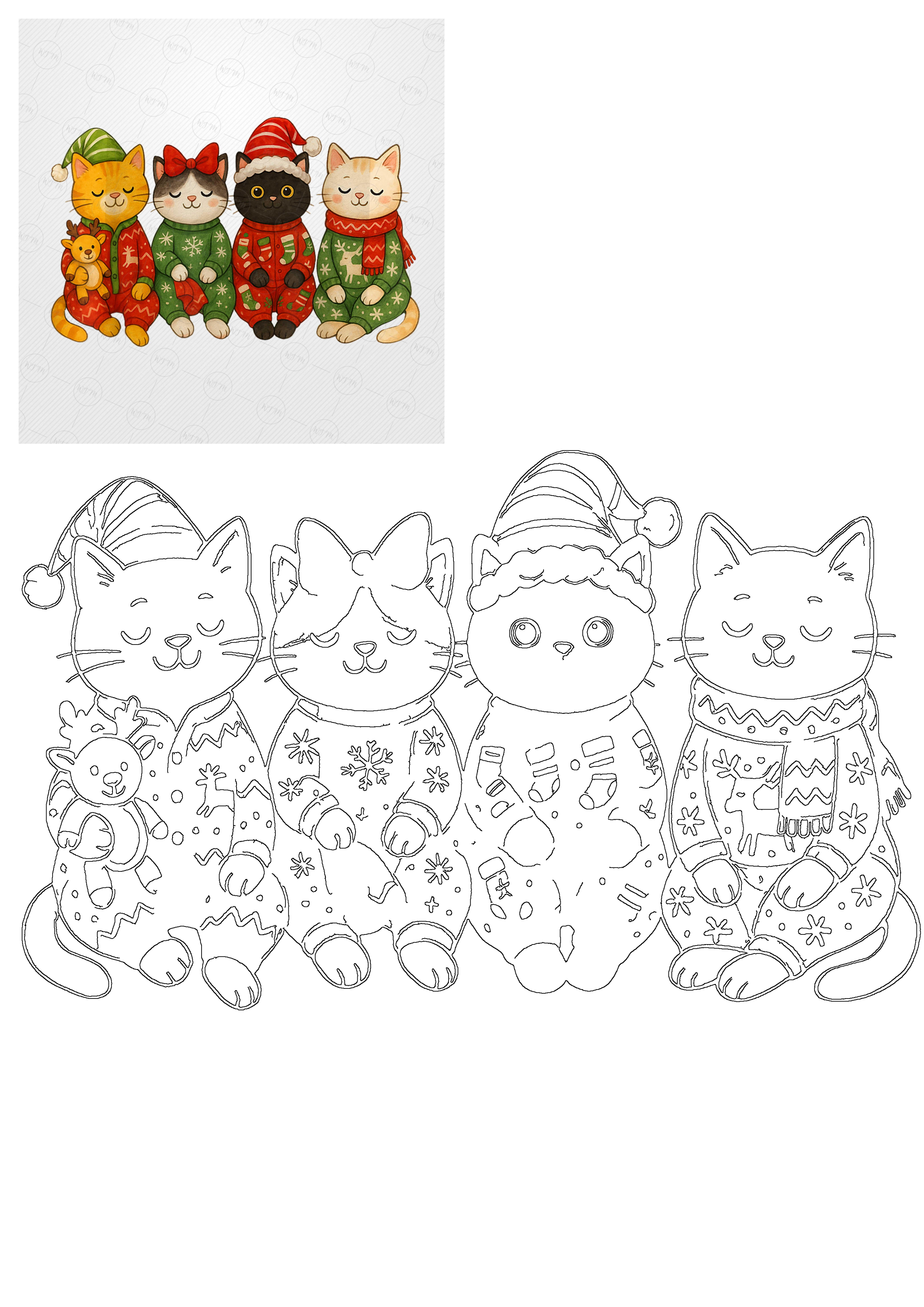 Five adorable cartoon cats in festive Christmas sweaters and hats, shown as a colorful illustration and a clean outline drawing.