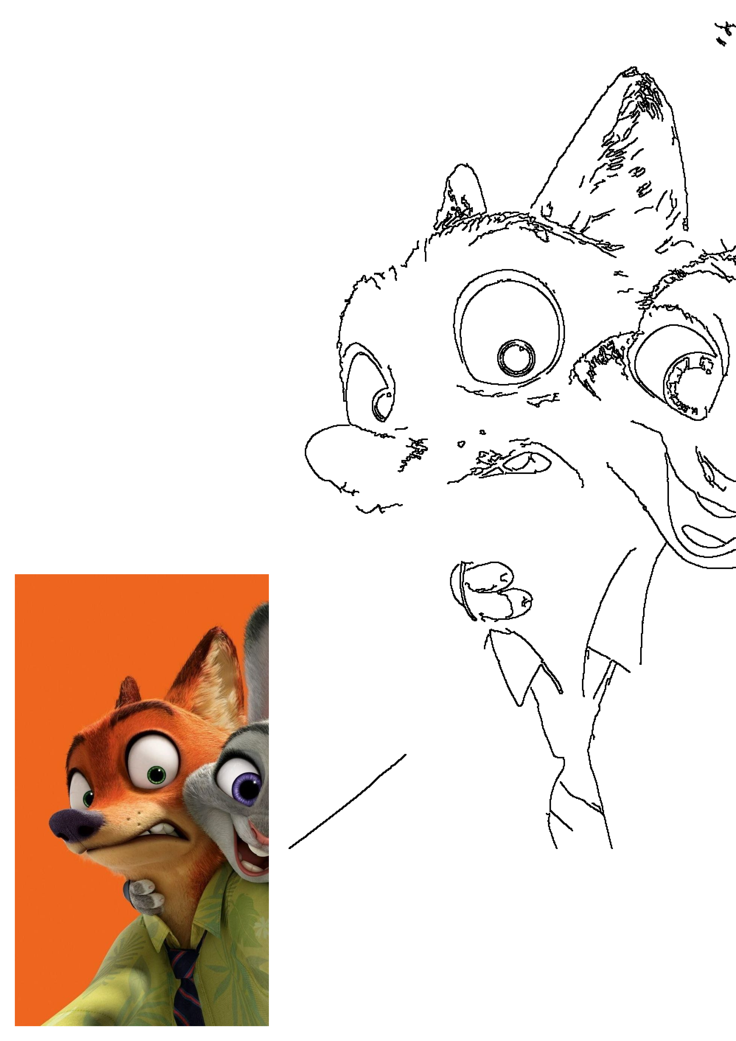 Zootopia's Nick Wilde and Judy Hopps in a split image featuring a scared Nick next to a happy Judy, with a detailed outline drawing of Nick's head.
