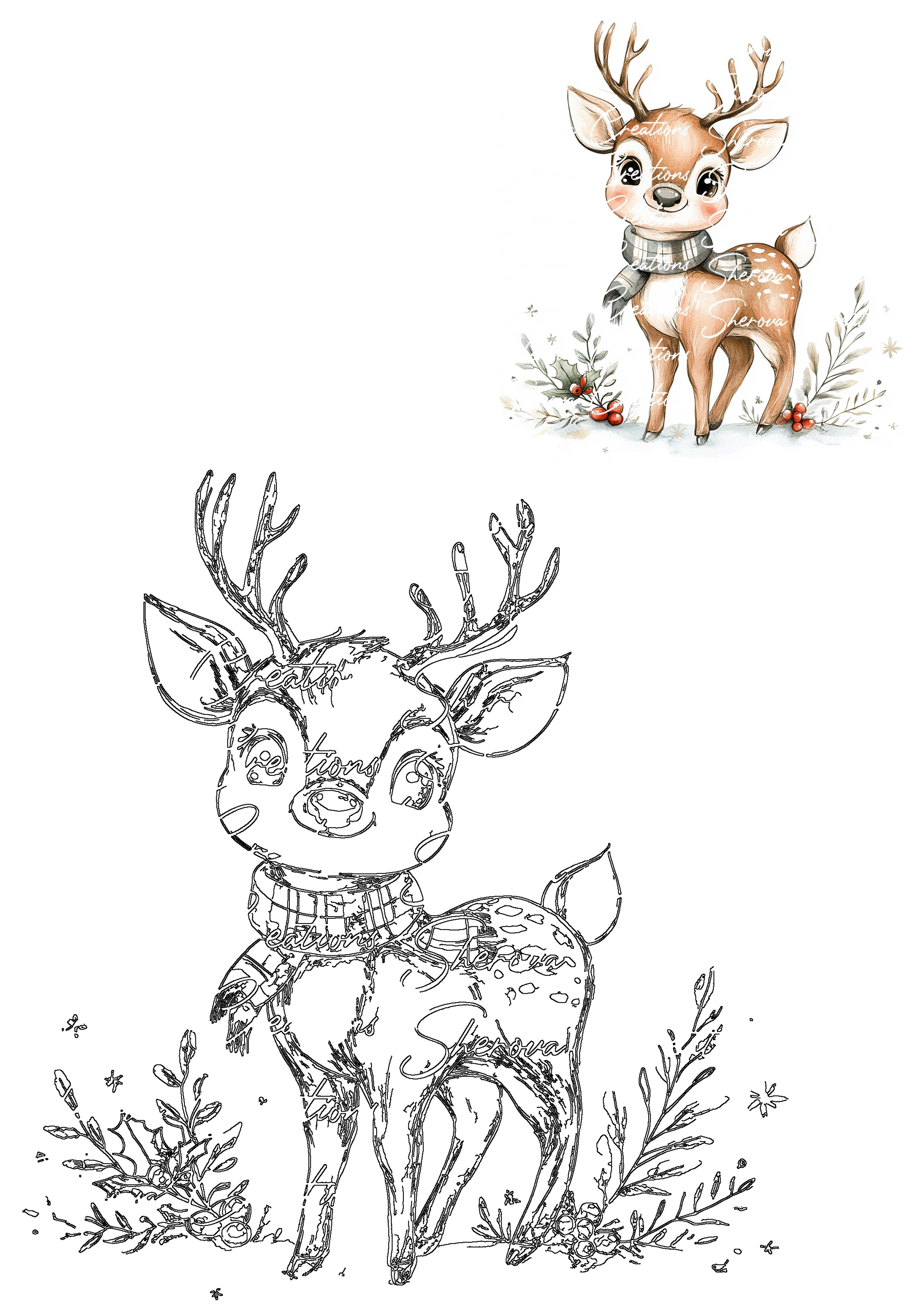 Adorable baby deer with antlers and plaid scarf, surrounded by festive holly and winter berries. Features colored and outline art.