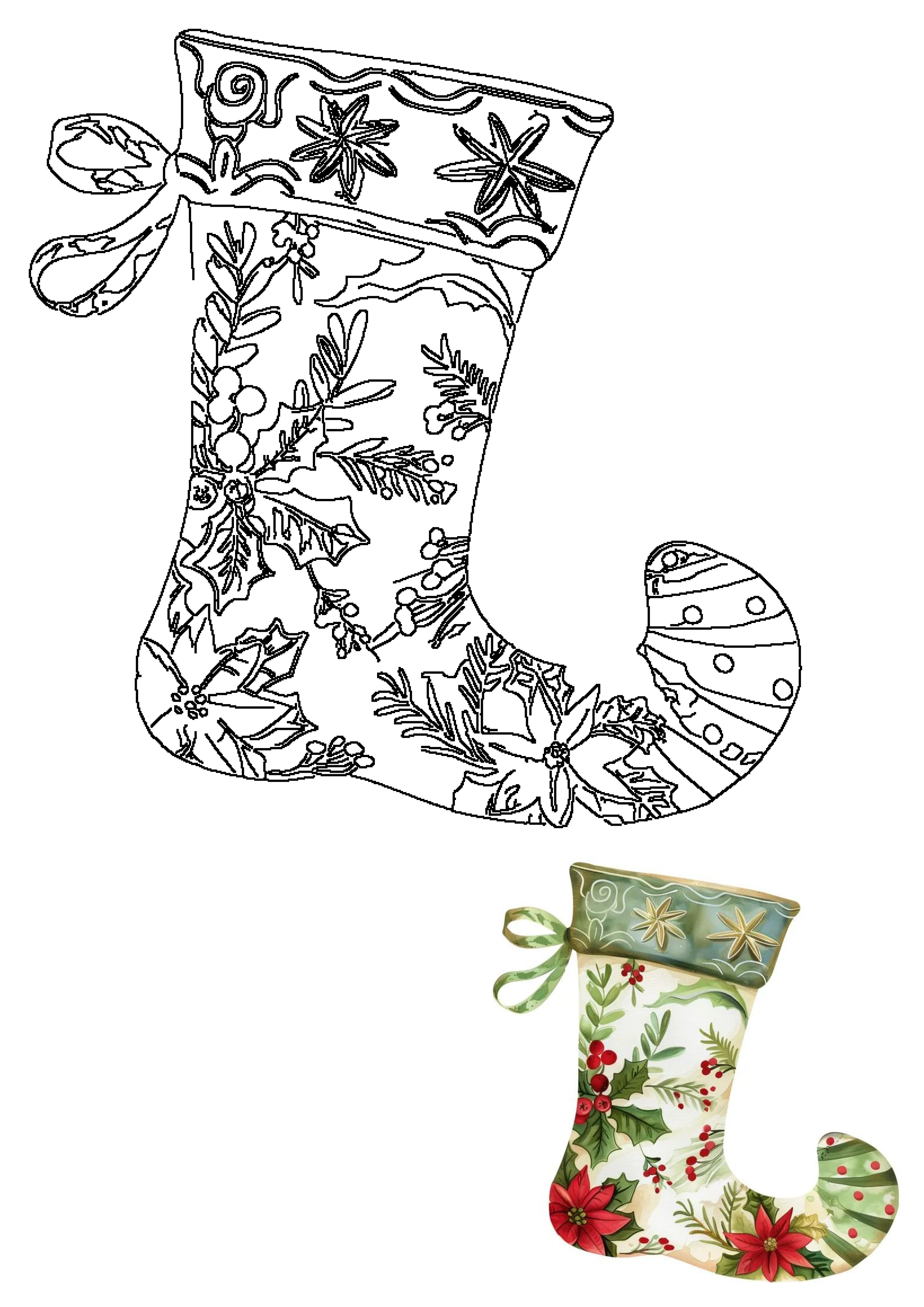Elegant Christmas stocking with festive poinsettias, holly, and berries. Outline version & vibrant colored illustration for holiday design.