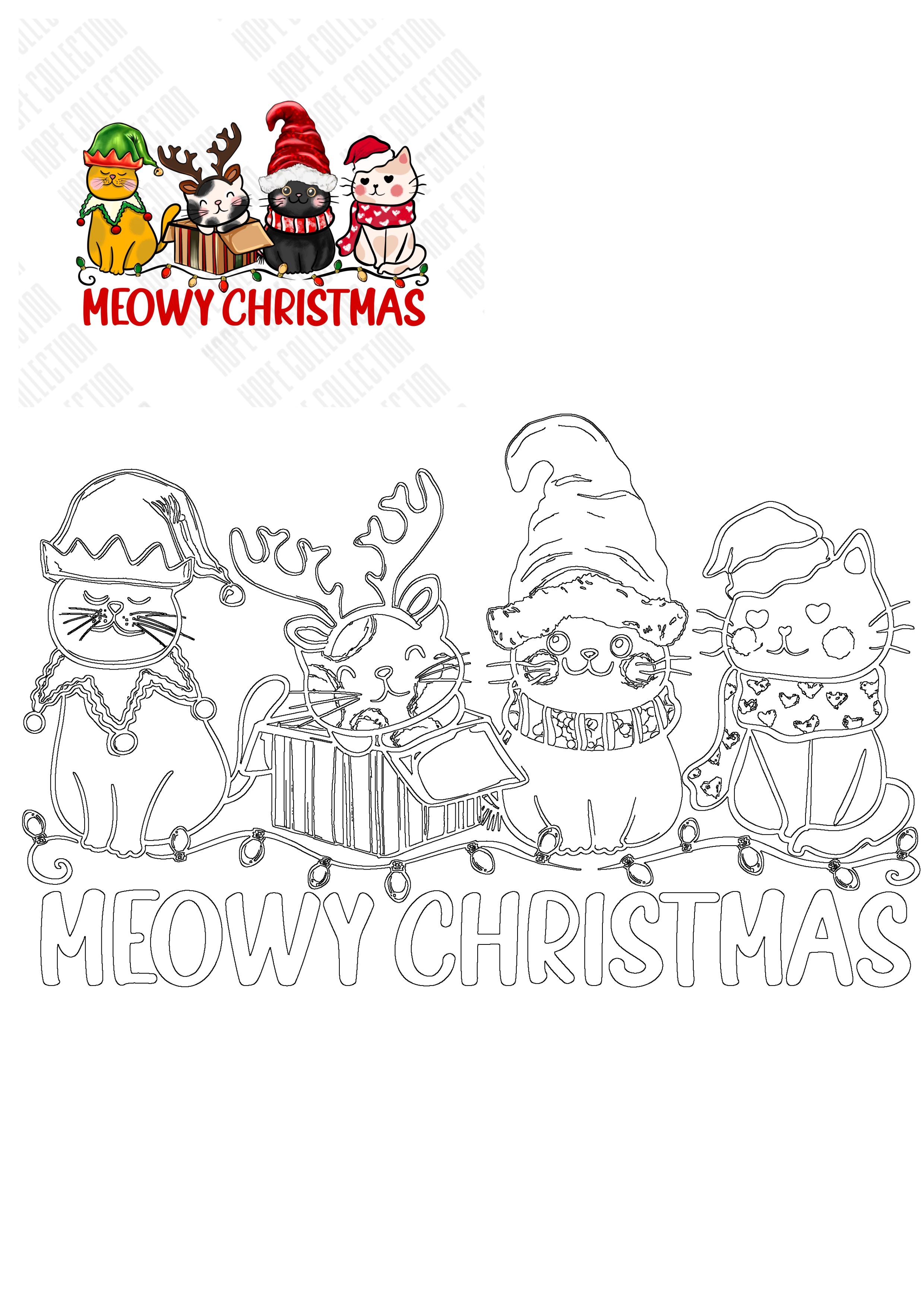 Adorable festive cats in Christmas hats and scarves with bright string lights and 'Meowy Christmas' text for holiday cheer.