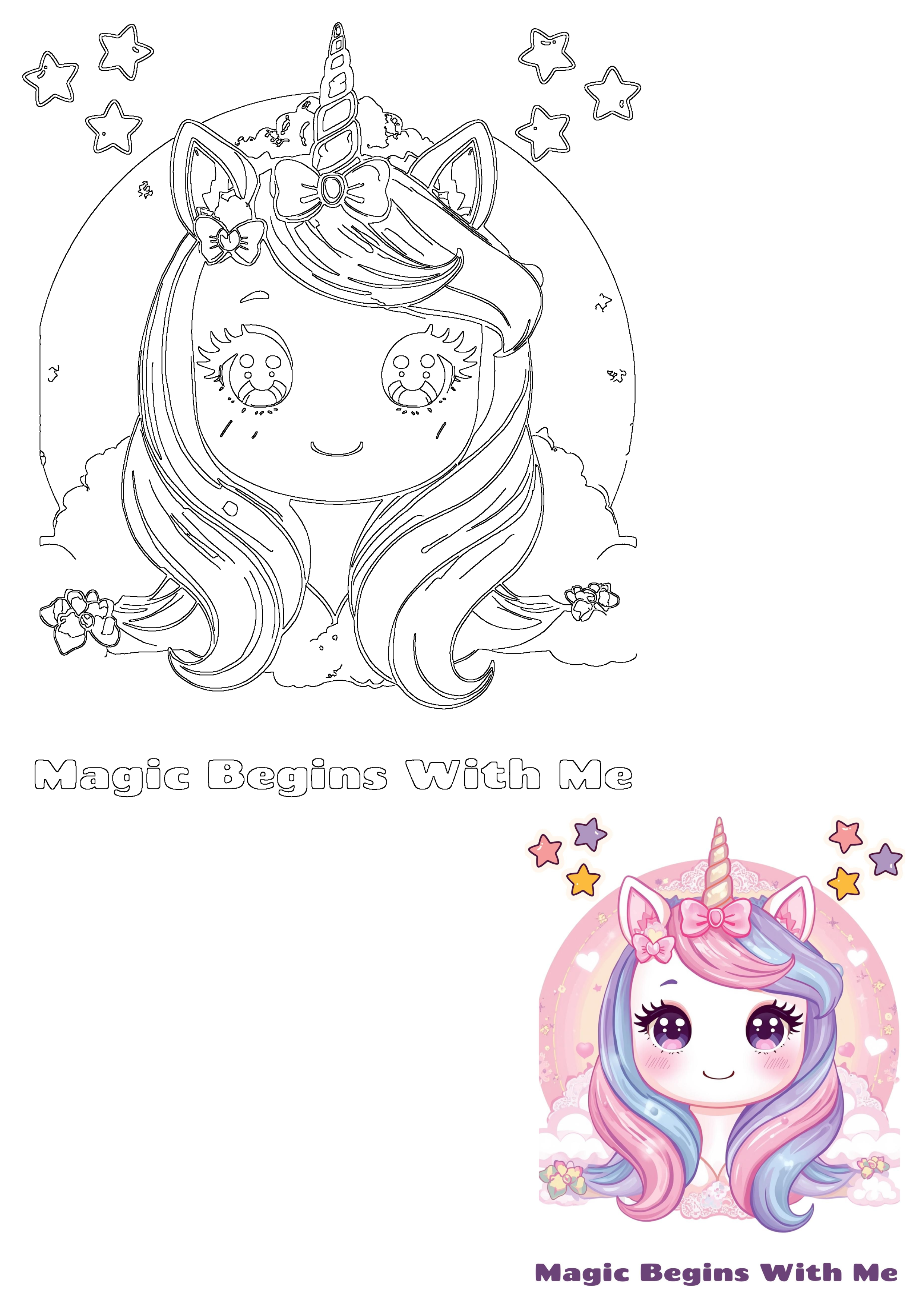 Cute baby unicorn art: includes outline drawing and vibrant illustration with rainbow mane, golden horn, stars, and "Magic Begins With Me" text.