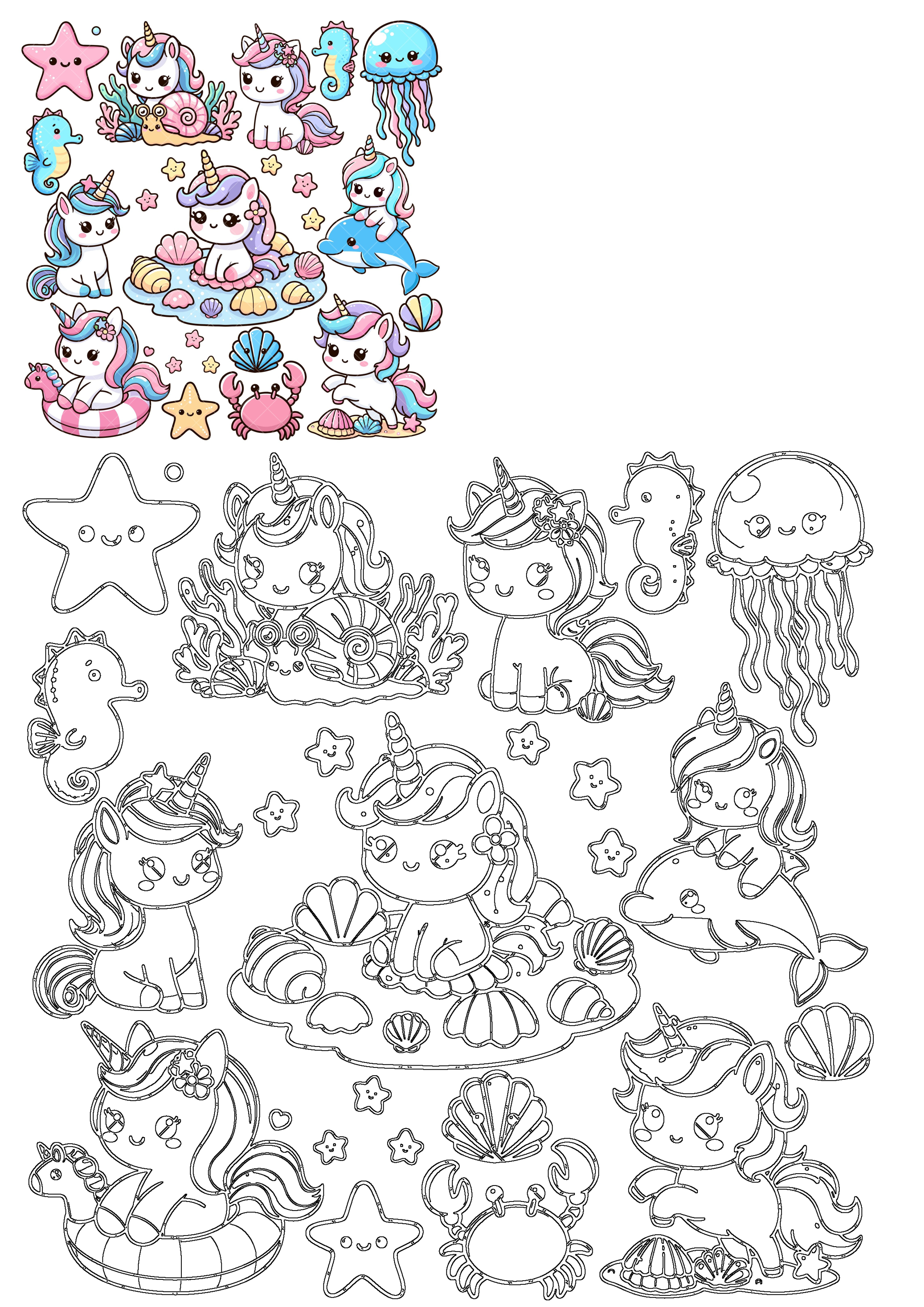 Adorable kawaii sea unicorns and marine life characters like dolphins, seahorses, and crabs. Includes vibrant colored art and outlines.