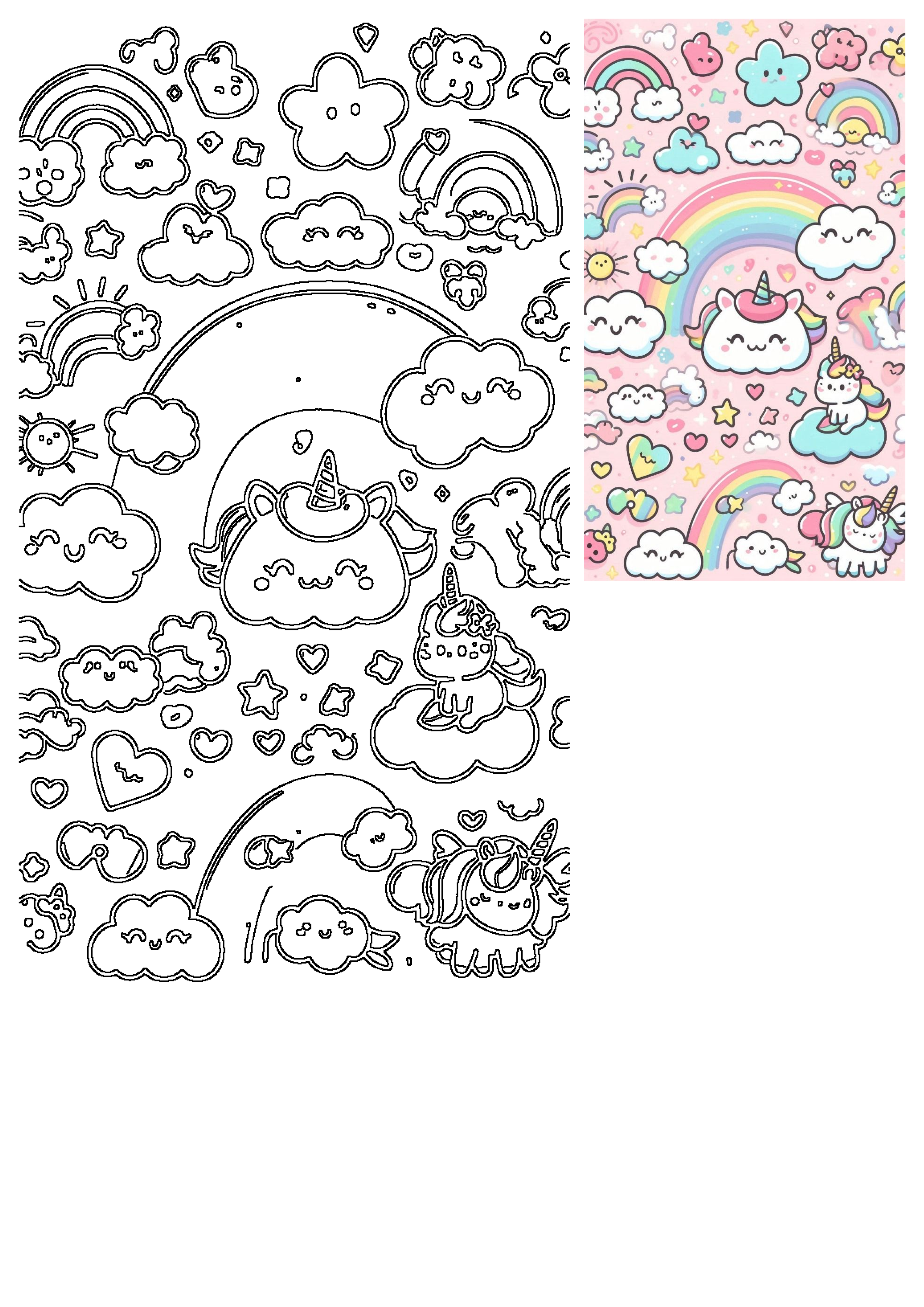 Adorable kawaii unicorns, rainbows, and clouds art featuring a black and white outline and a vibrant pastel pattern.