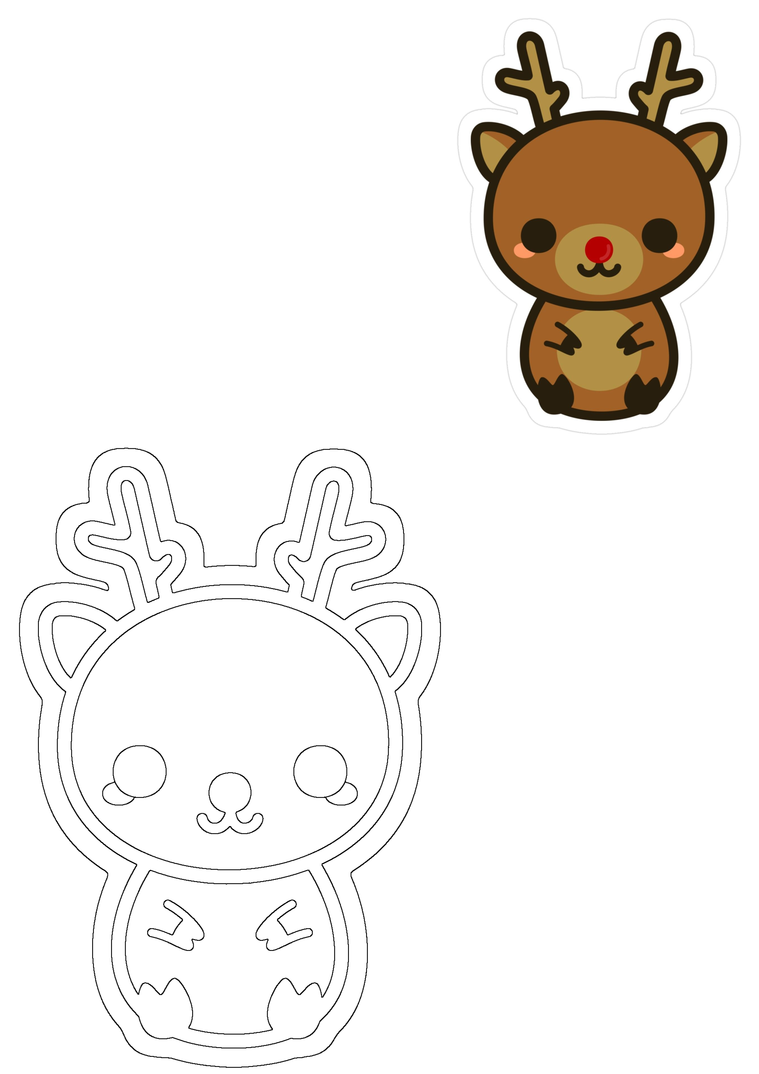 Adorable kawaii Christmas reindeer sticker design with a brown deer, antlers, red nose, and a matching outline for crafts.