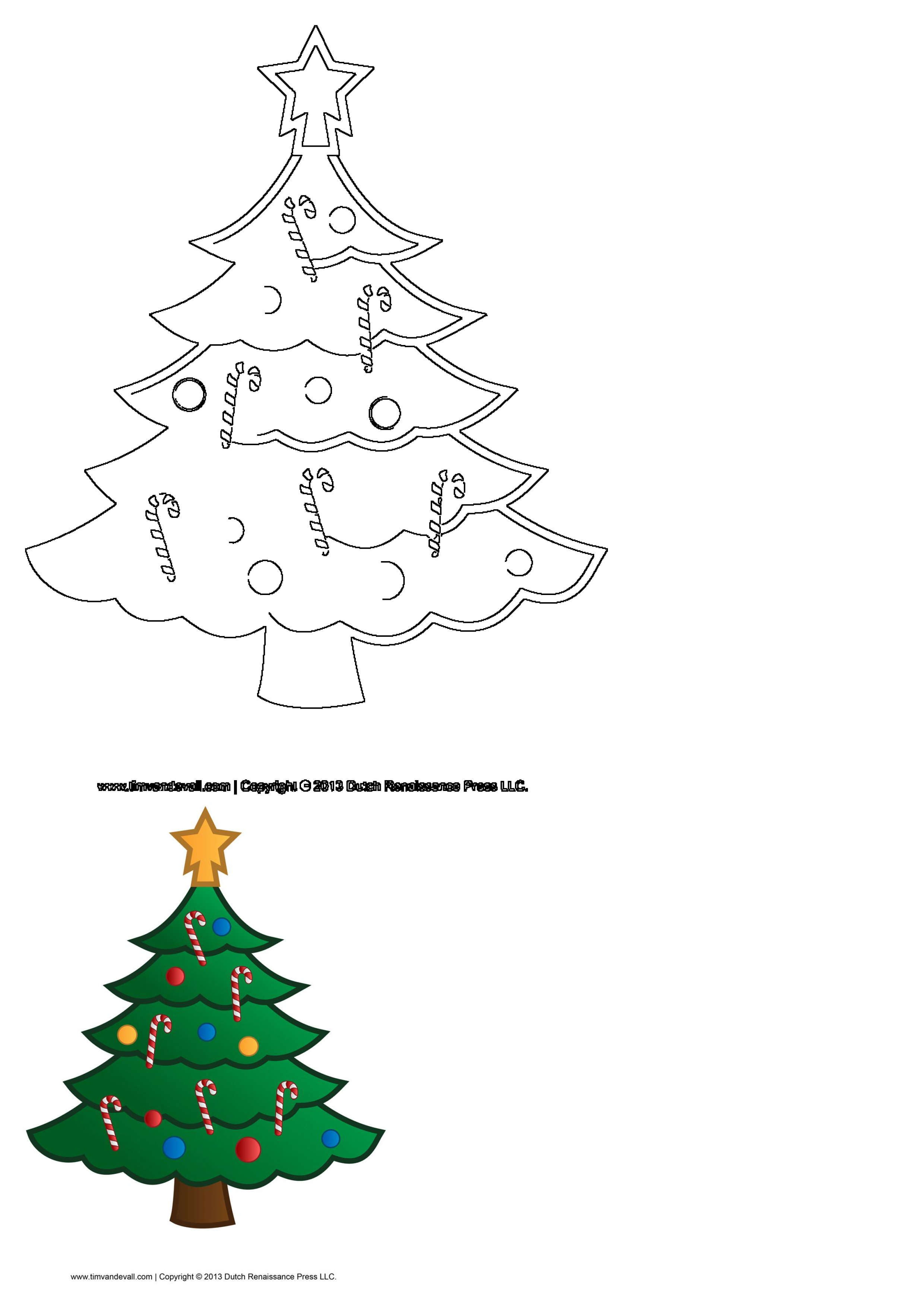 Outline and colorful example of a Christmas tree decorated with a yellow star, red and white candy canes, and multi-colored ornaments.