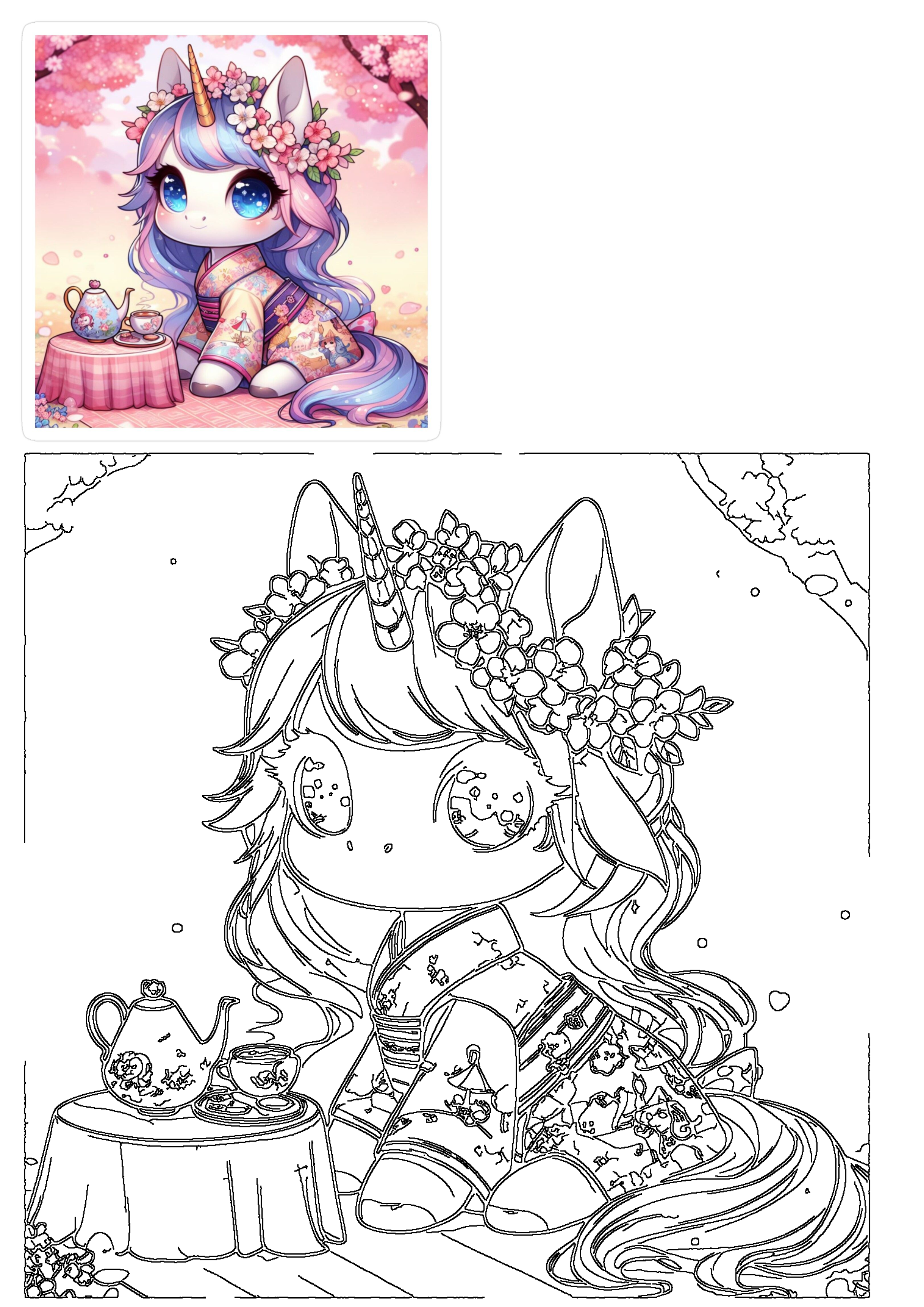 Adorable chibi unicorn with pastel hair and sparkling blue eyes, wearing a floral kimono, enjoys a tea party under cherry blossoms.