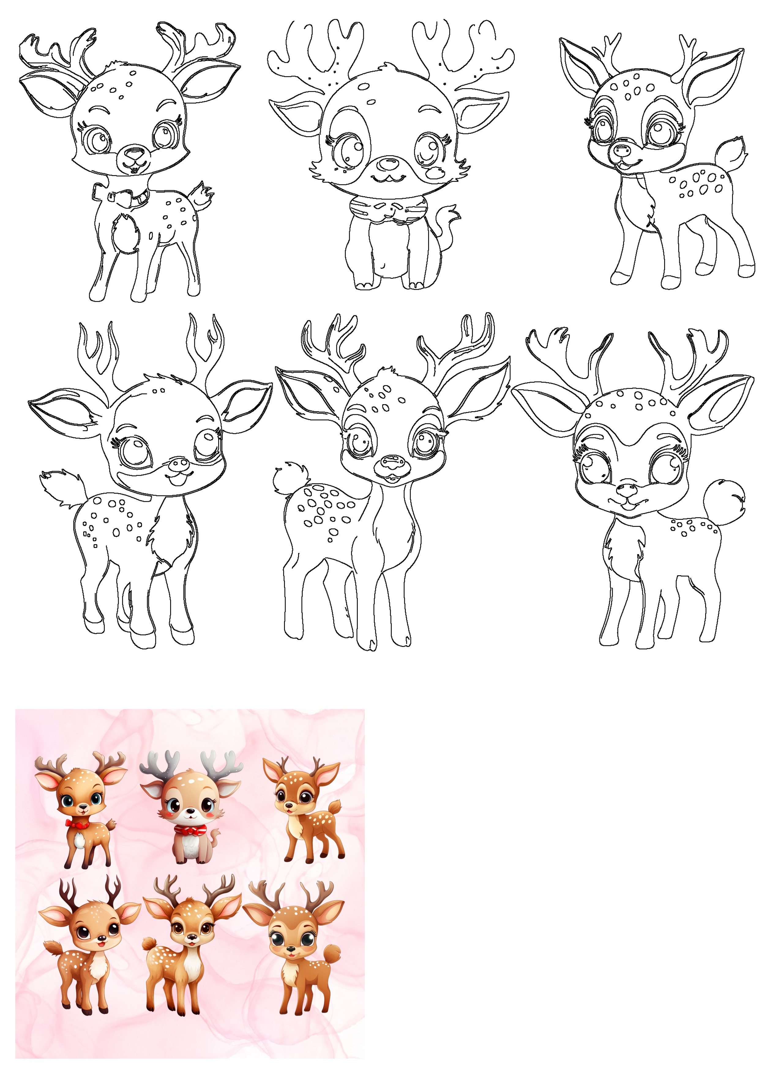 Collection of cute baby deer and fawns, including black outline drawings and colorful cartoon illustrations on a soft pink background.