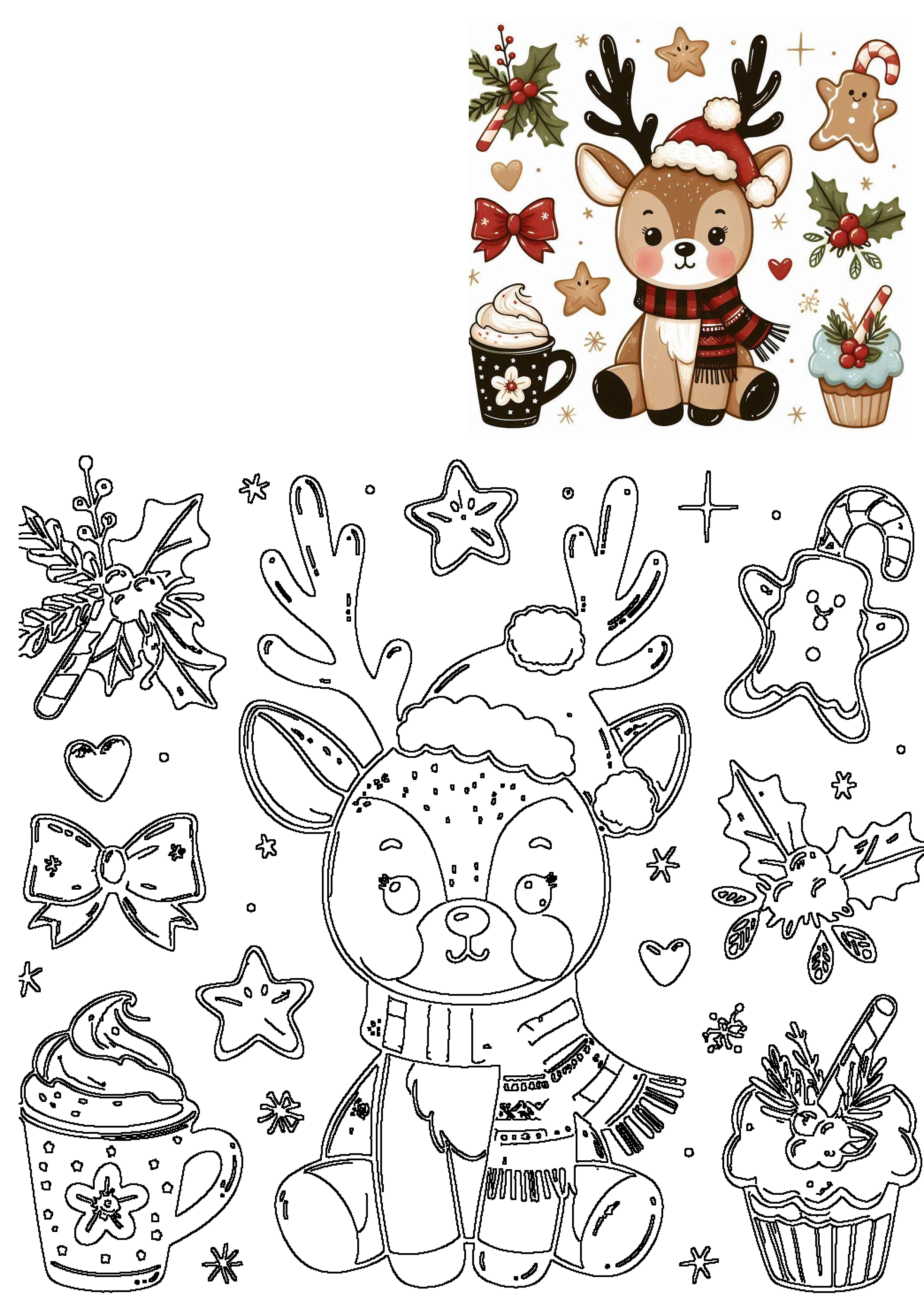 Cute Christmas reindeer wearing Santa hat and scarf, with gingerbread, holly, hot chocolate, and cupcakes. Features colorful and outline art.
