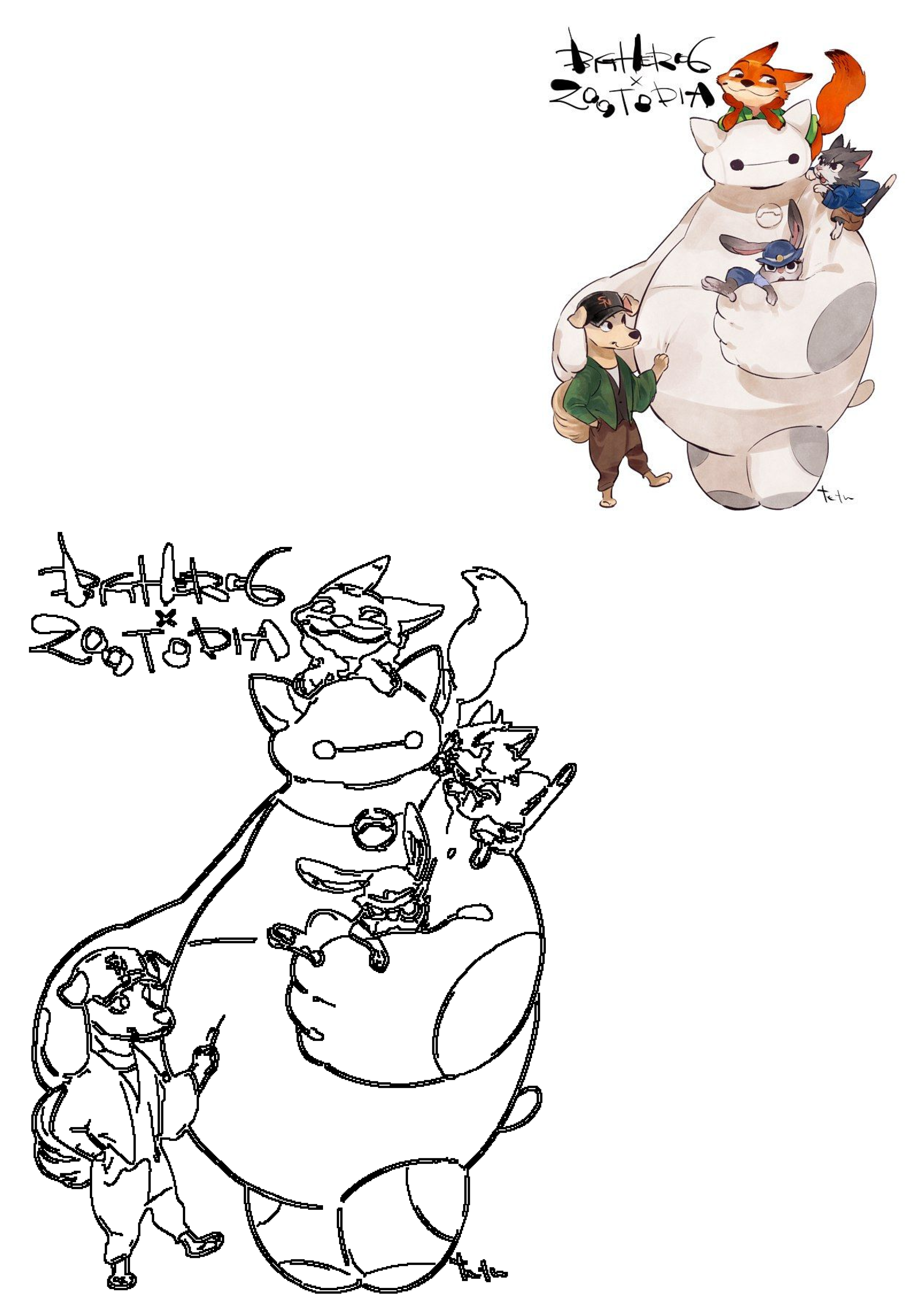 Big Hero 6 and Zootopia crossover fanart featuring Baymax with Nick Wilde, Judy Hopps, and Hiro Hamada, plus a clean outline sketch.