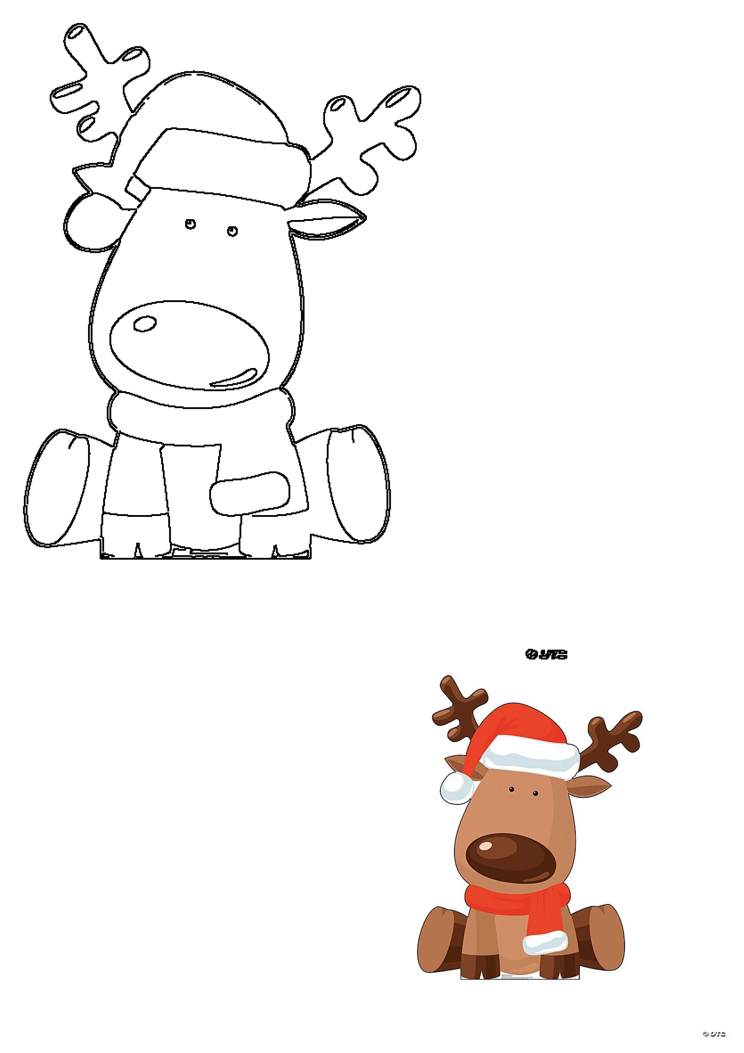 Adorable Christmas reindeer illustration featuring a brown deer with a Santa hat and red scarf, next to an outline version.