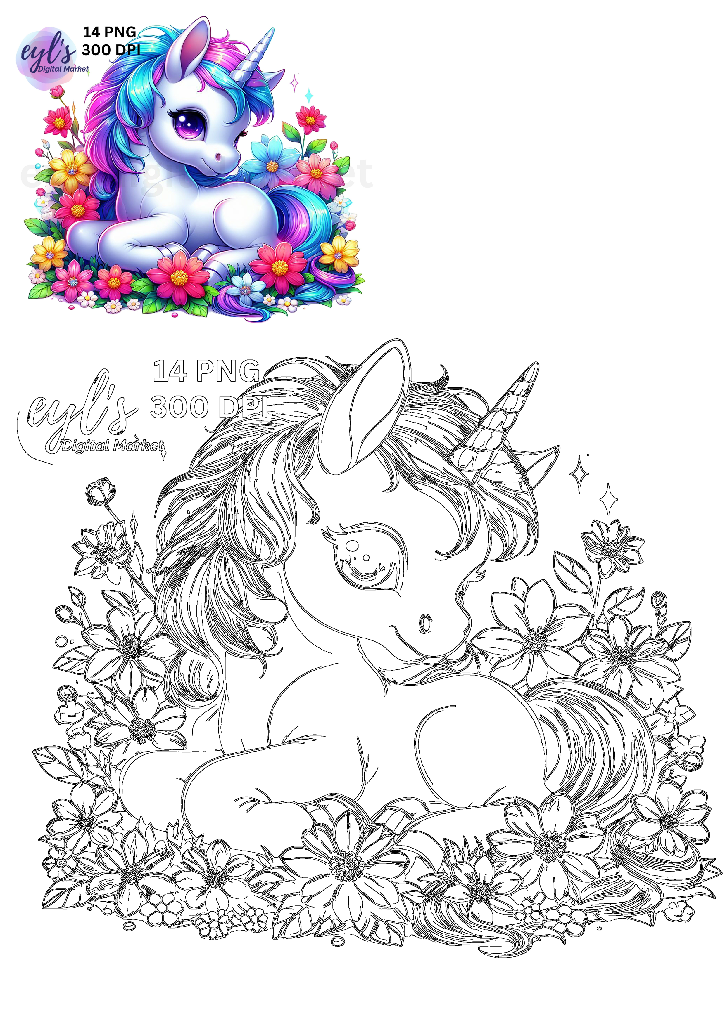Vibrant rainbow unicorn with a colorful mane and tail, nestled among bright flowers. Features both a detailed illustration and a clear outline.
