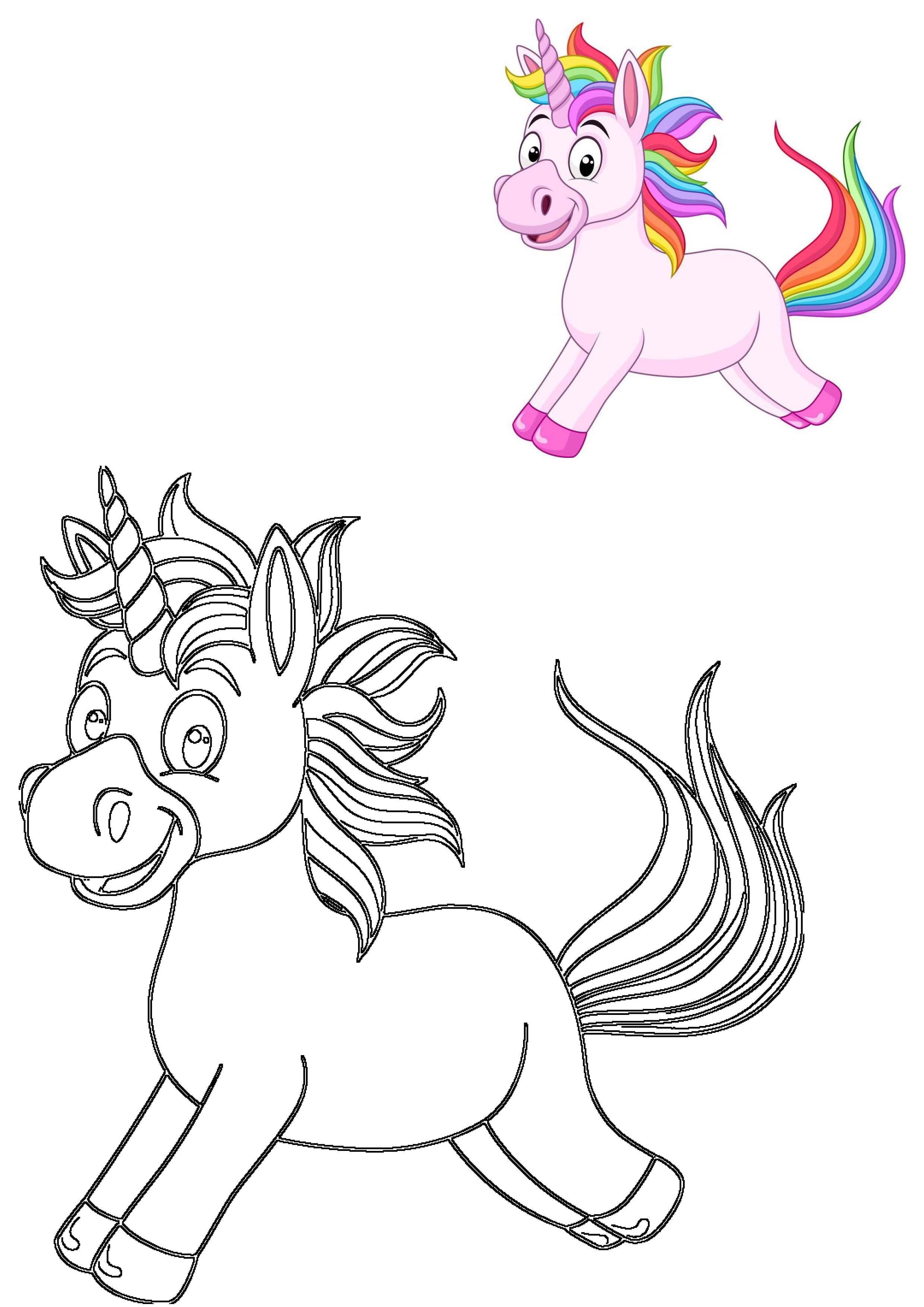 A happy cartoon pink unicorn with a rainbow mane and tail prancing, alongside its black and white outline for creative coloring.