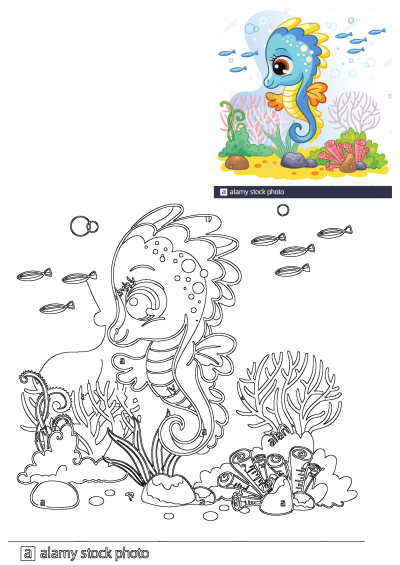 Cartoon seahorse swimming in a vibrant ocean scene filled with colorful corals, playful fish, and lush marine life. A whimsical underwater adventure!