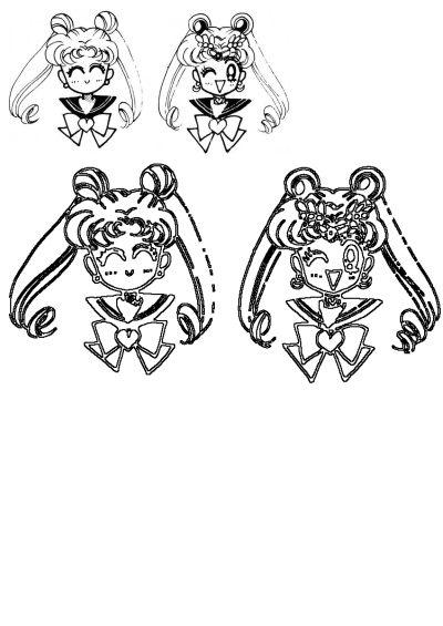 Black and white image of two cartoon girls resembling Sailor Moon, each with long hair and bows, in a black and white outline drawing.