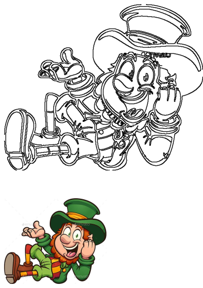A happy leprechaun cartoon character jumping in the air, legs spread. A fun and lively illustration for St. Patrick's Day celebrations.