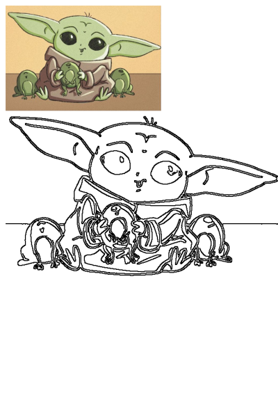 Cute illustration of Baby Yoda (Grogu) holding two little green froggies. The Mandalorian's adorable character with his froggy friends.