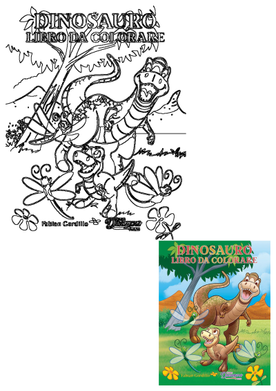 Dinosaur coloring book featuring two dinosaurs in front of a tree and flowers. A fun coloring book for kids who love dinosaurs!